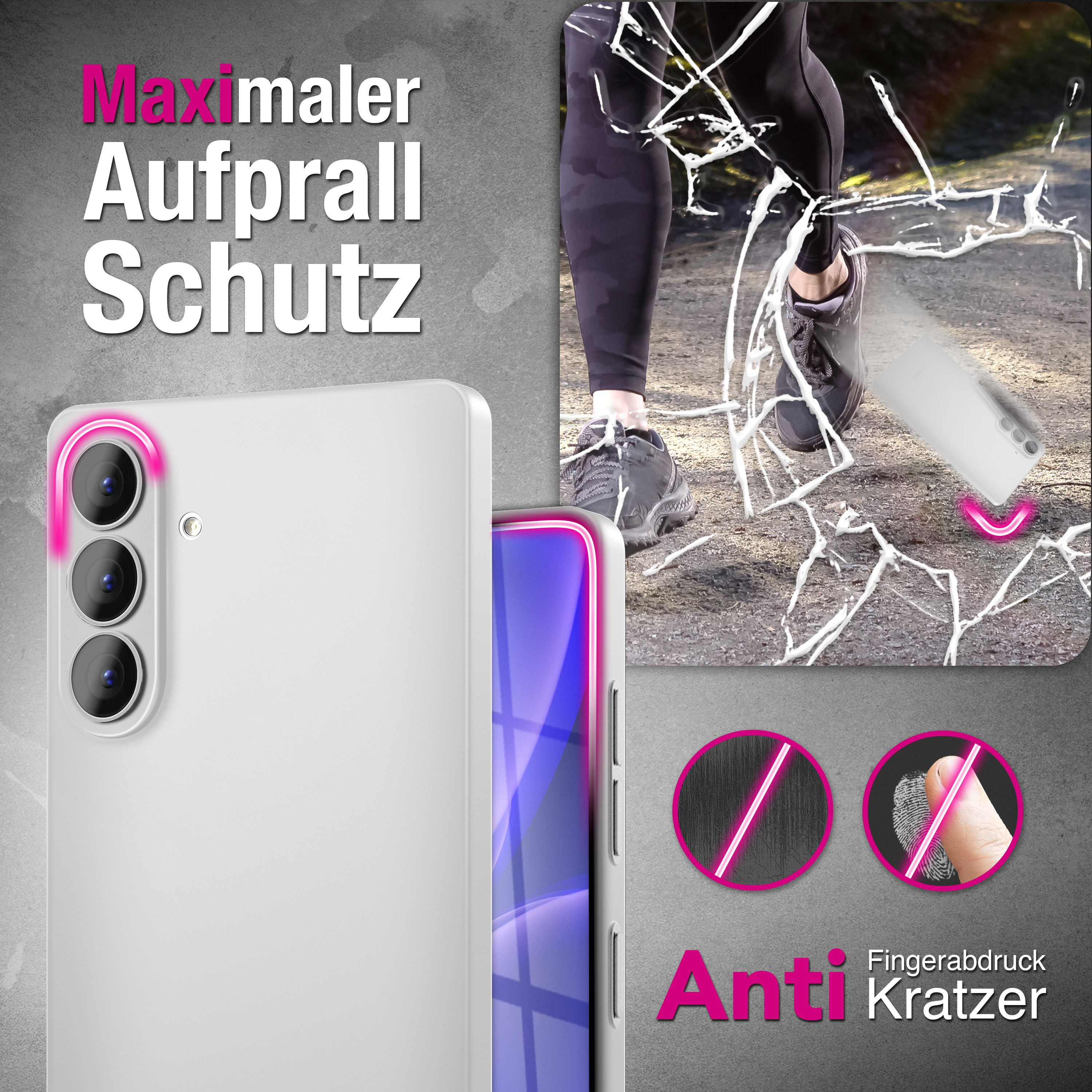 Ein weißes Smartphone mit drei Kameras wird gezeigt. Daneben ein Fuß, der auf eine zerbrochene Scheibe tritt.