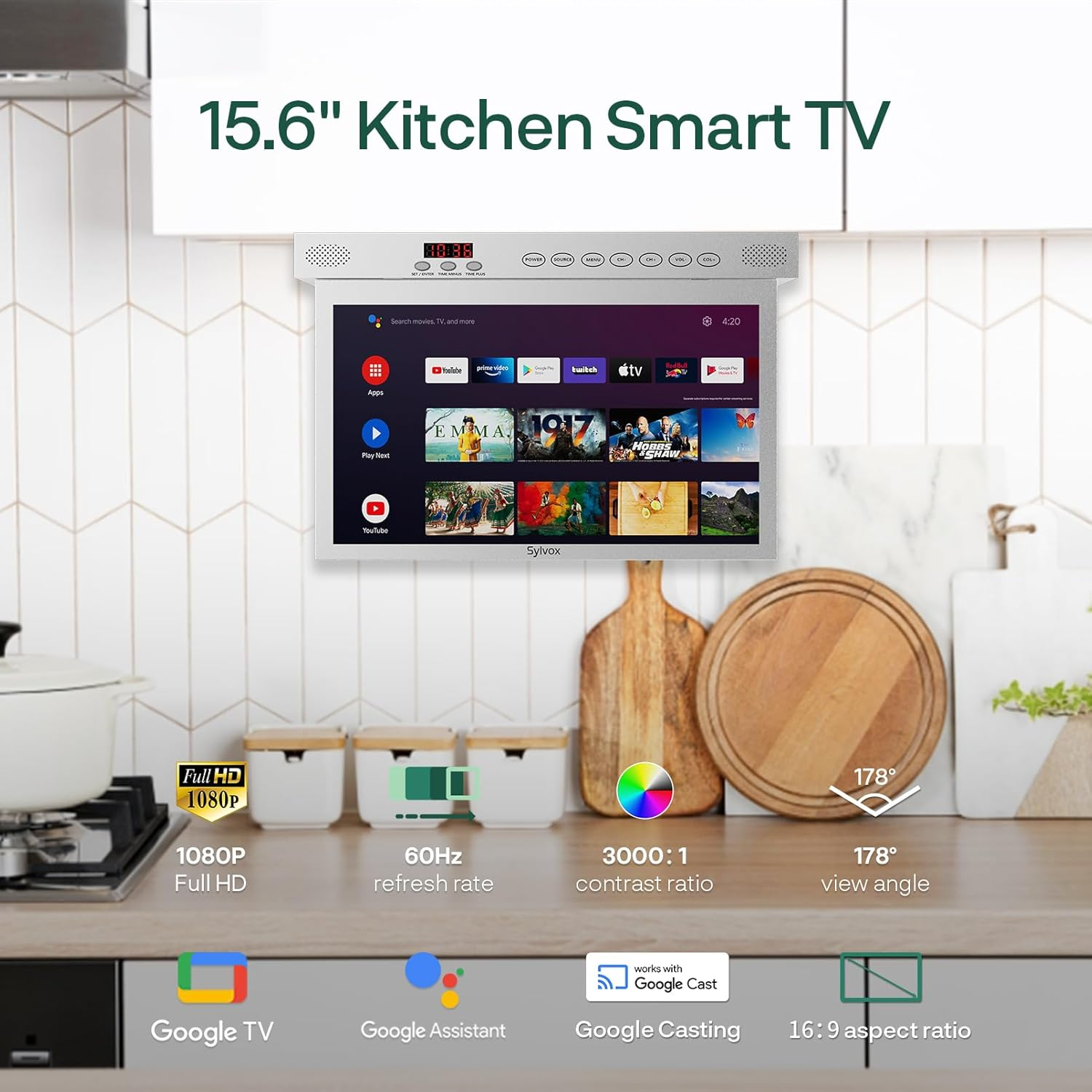 Smart TV de cocina de 15,6" con Full HD, 60Hz, contraste 3000:1,  e1;ngulo de visi f3;n 178 b0;.