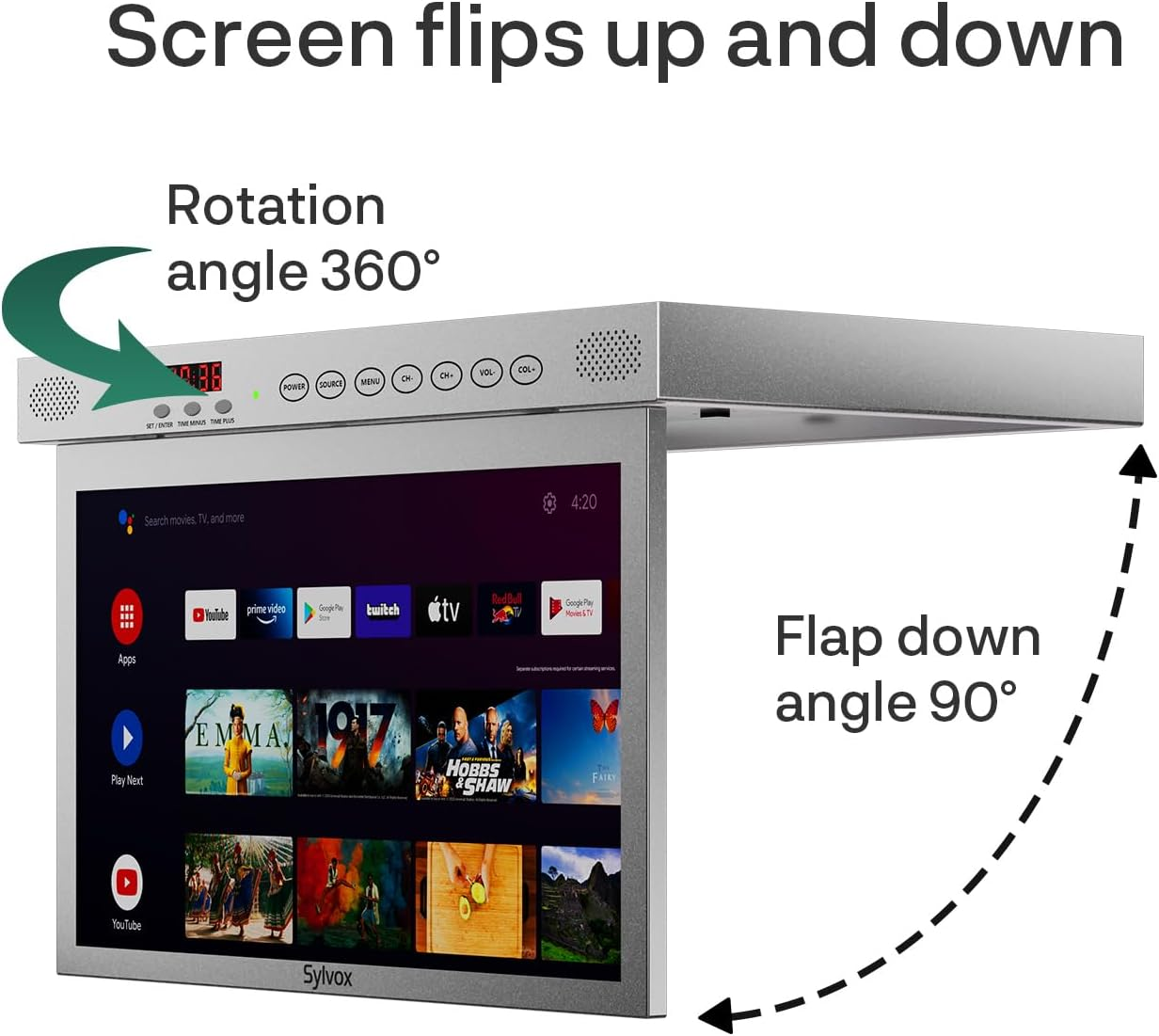 Una pantalla plateada con apps y películas gira y se abre.