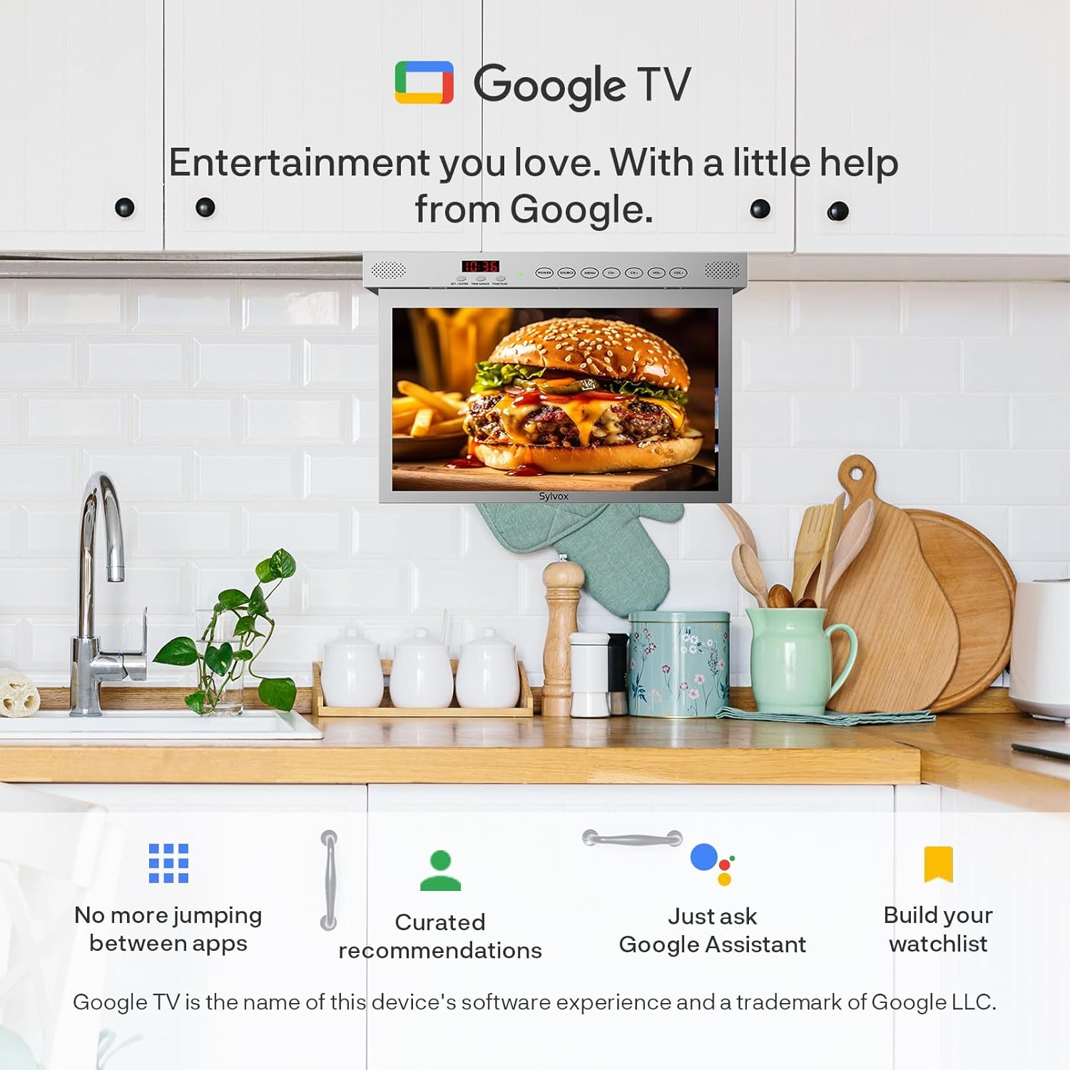 Google TV muestra una hamburguesa y patatas fritas. Debajo hay iconos para apps, recomendaciones y Google Assistant.