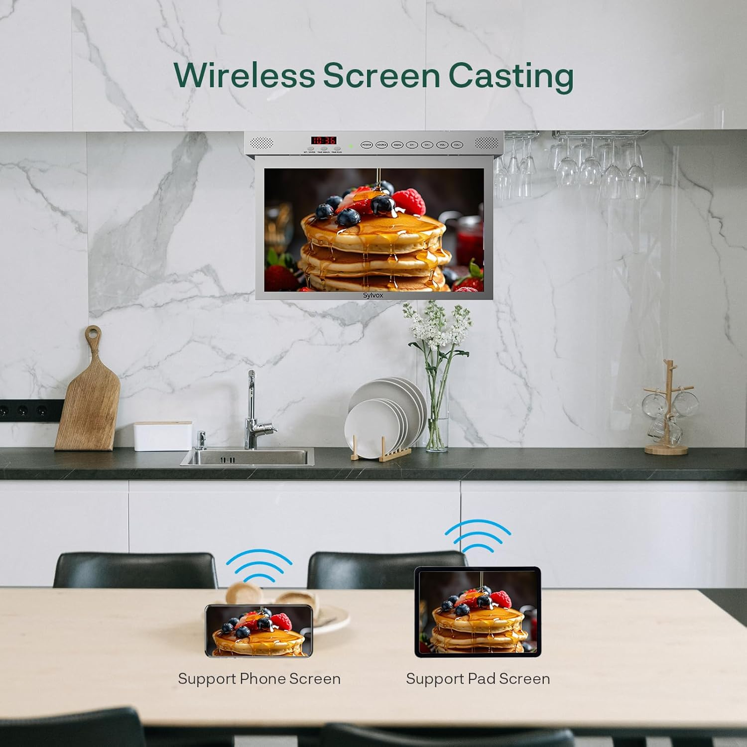 Una pantalla muestra tortitas. Un teléfono y una tableta también muestran tortitas.