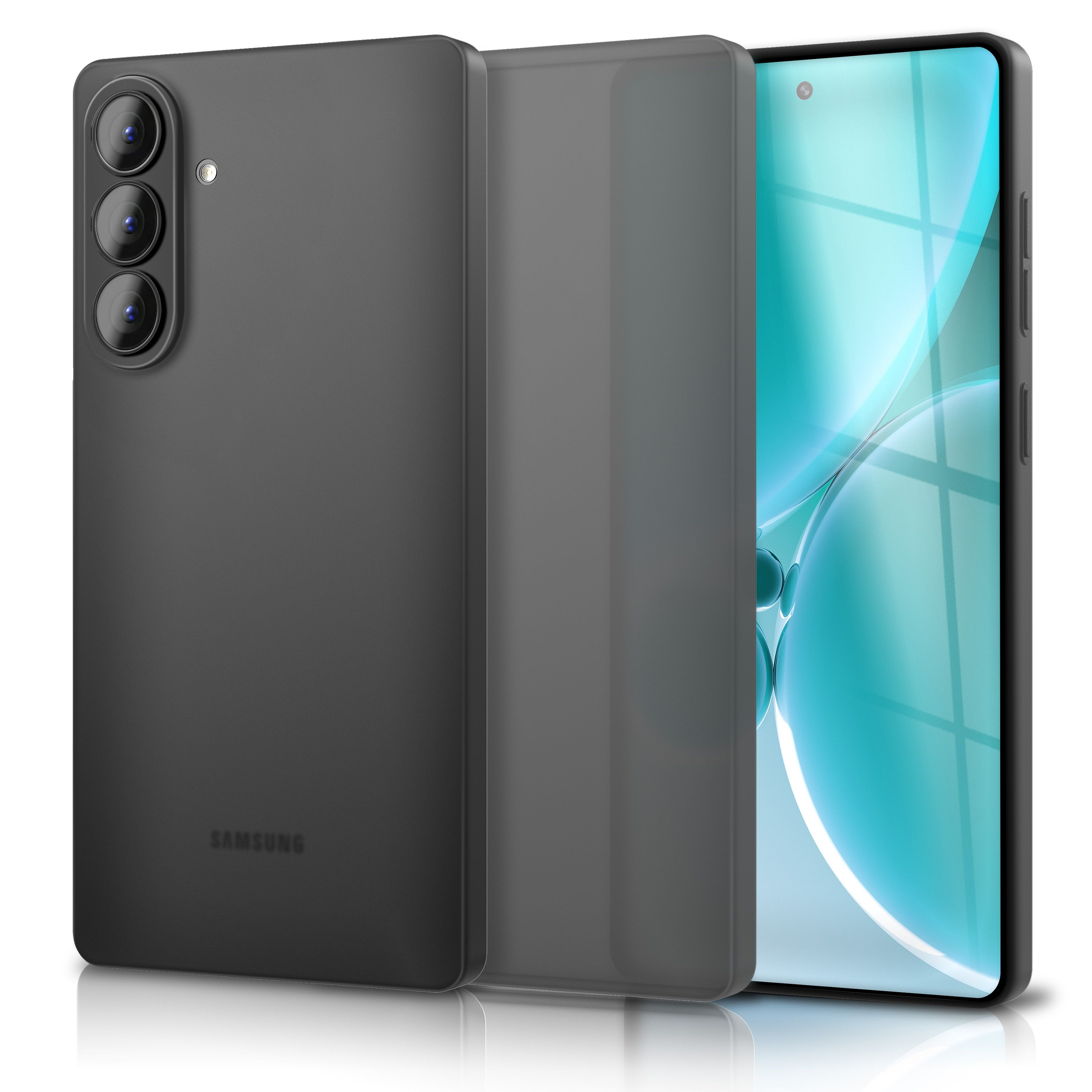 Schwarzes Smartphone mit drei Kameras und einem durchscheinenden Cover.