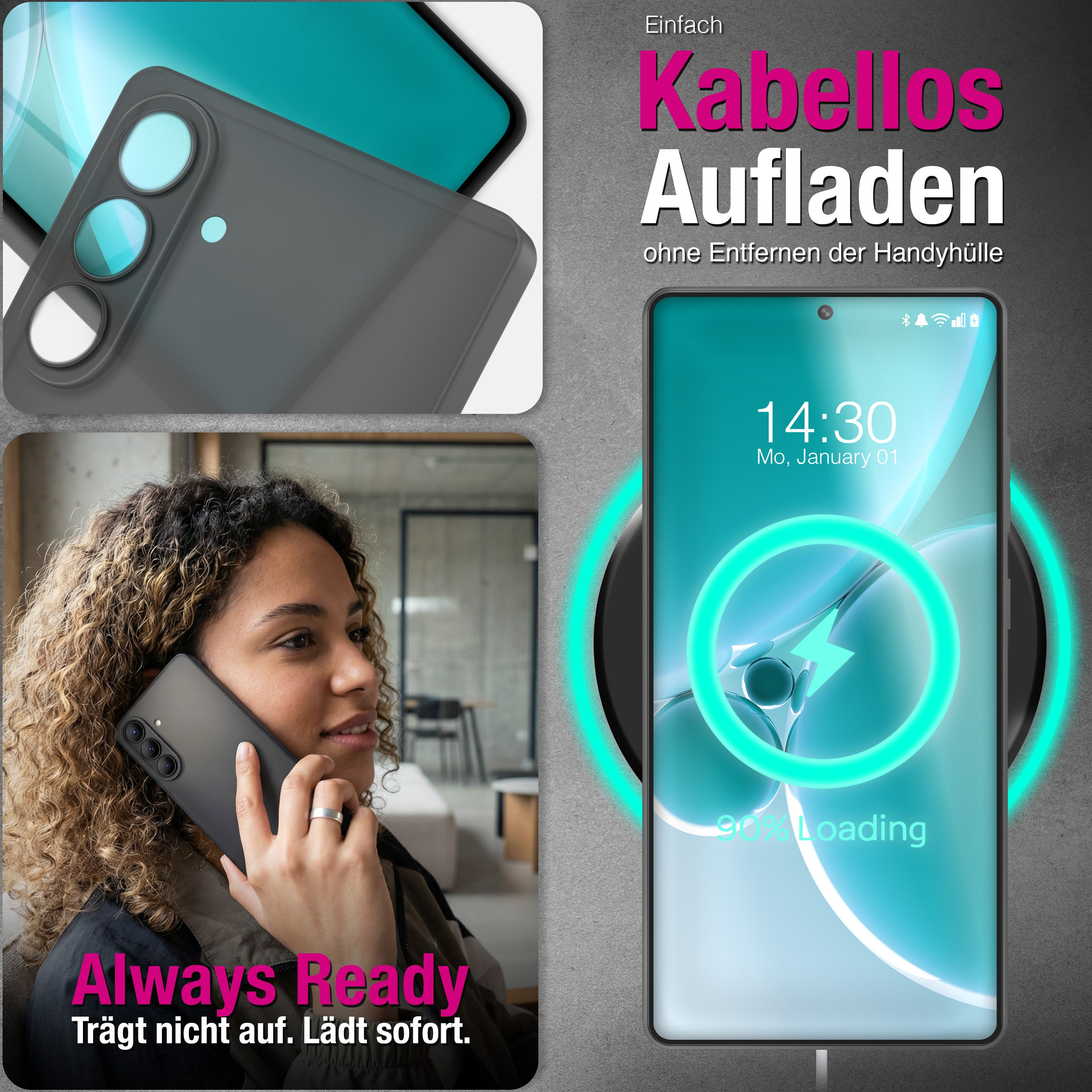 Frau telefoniert mit grauem Handy, Ladeanimation auf zweitem Handy.