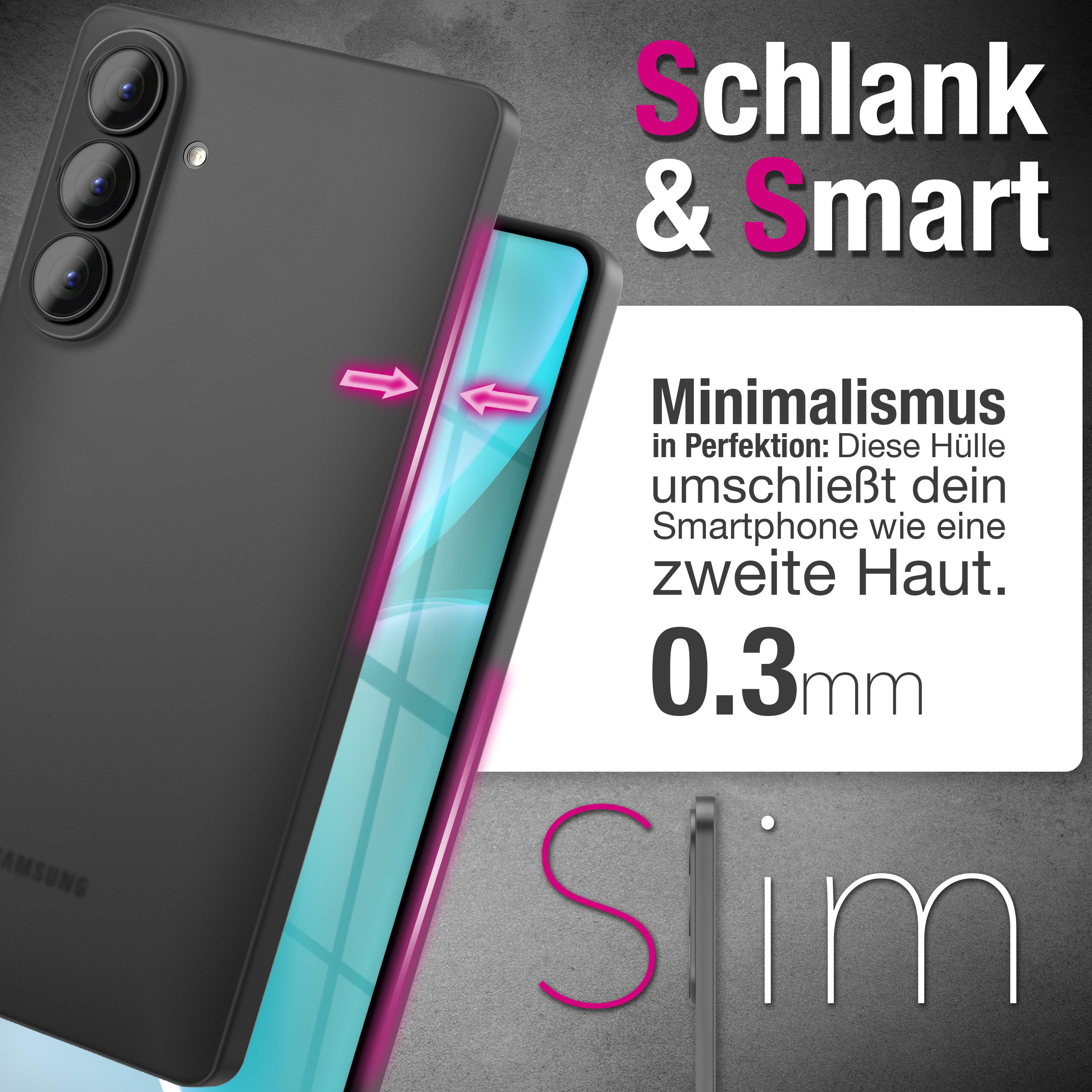 Schwarzes Smartphone mit Kamera,
umschlossen von einer Hülle. Minimalismus.