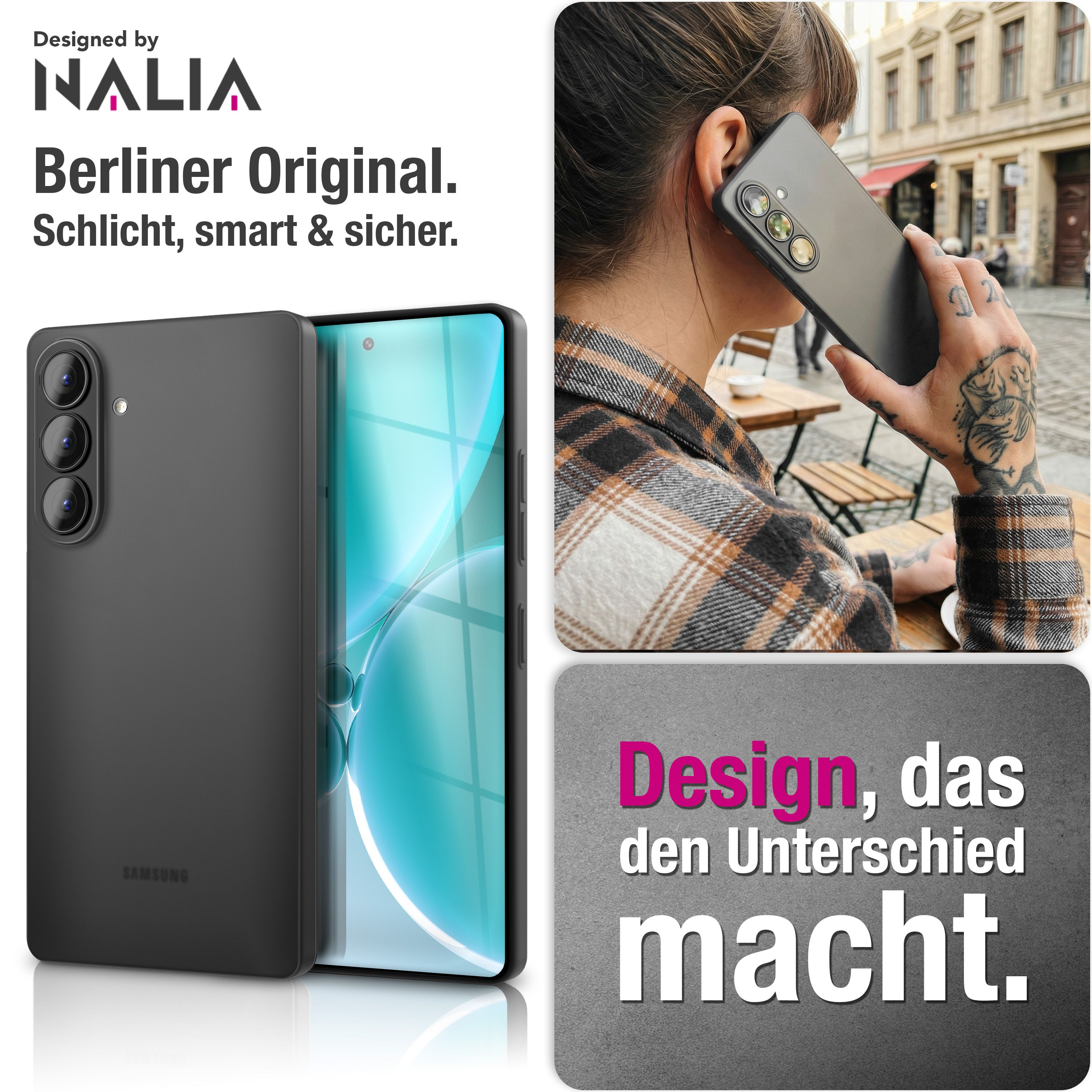 Ein schwarzes Smartphone mit drei Kameras. Eine Frau telefoniert damit.