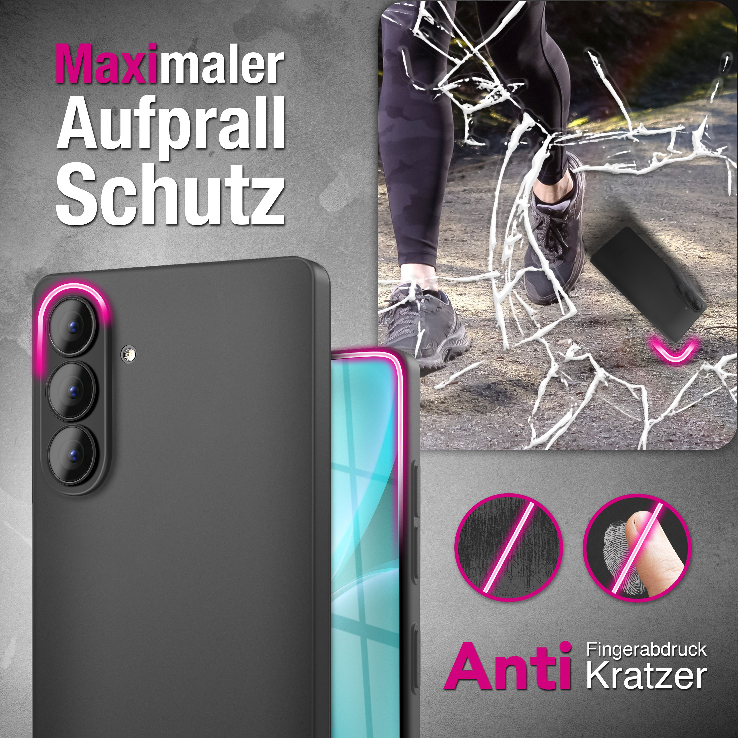 Schwarzes Handy mit pinkem Rand, fällt auf zersprungenes Glas. Anti-Kratzer-Schutz.