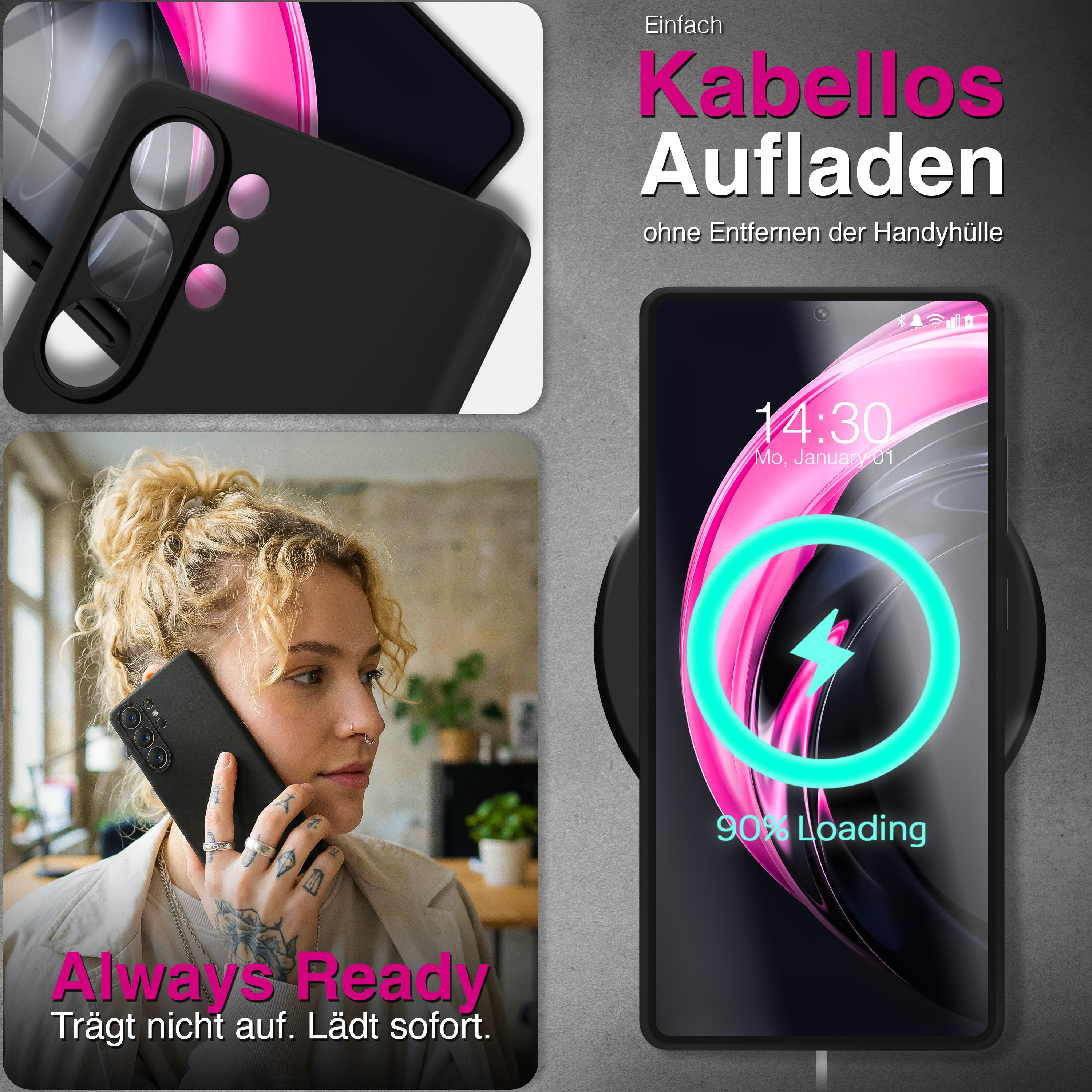 Frau telefoniert mit schwarzem Handy; Handy lädt kabellos auf dem Tisch.