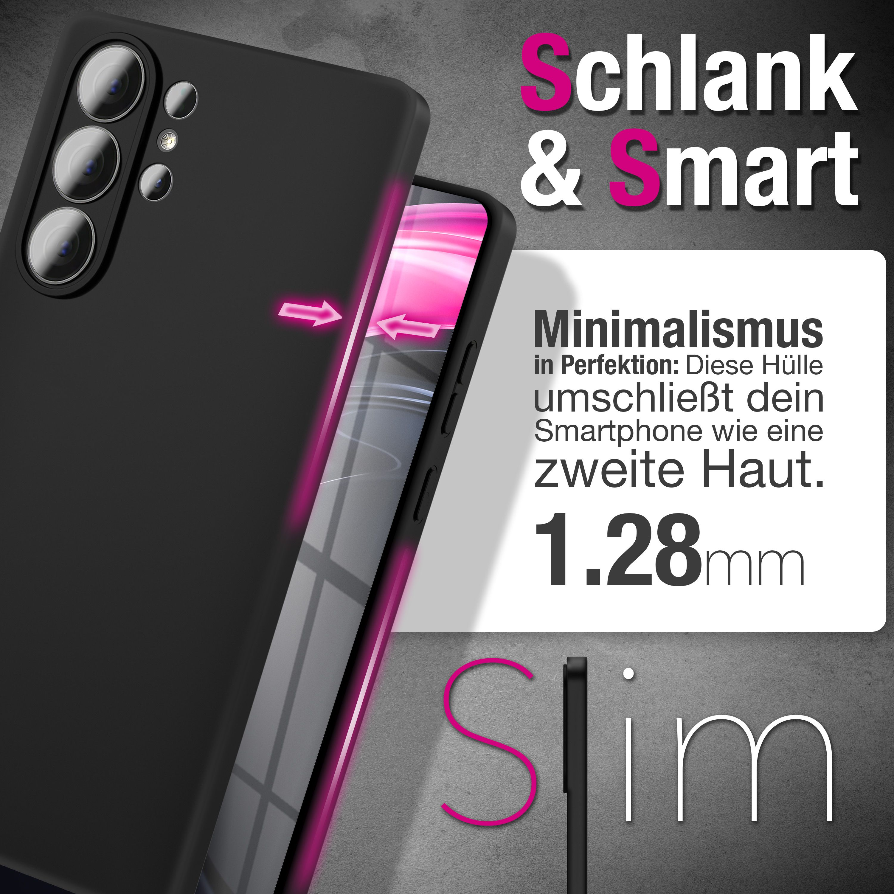 Schwarze Handyhülle auf grauem Hintergrund. Schlank & Smart.