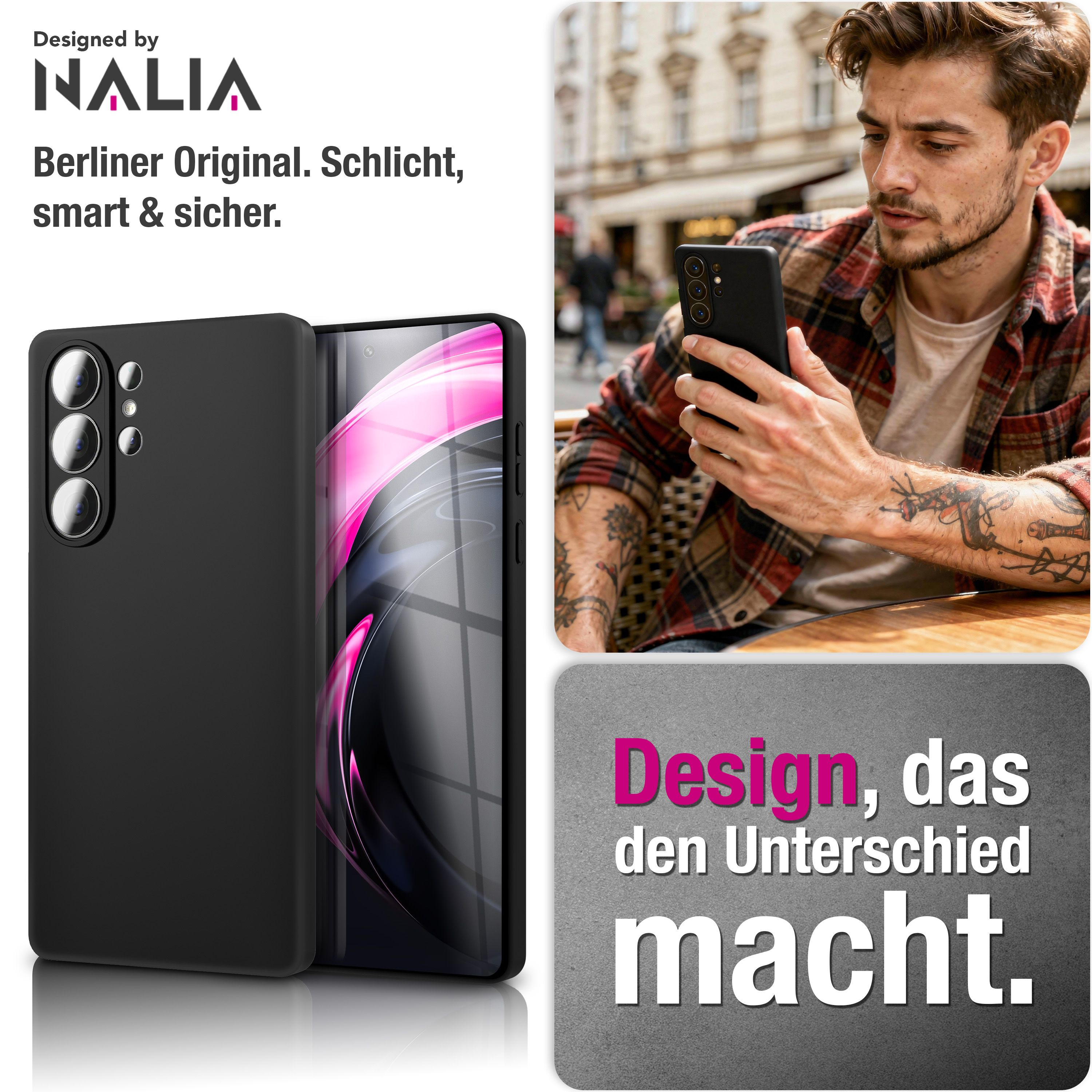 Ein Mann mit kariertem Hemd schaut auf sein Handy. Links ein schwarzes Handycover.