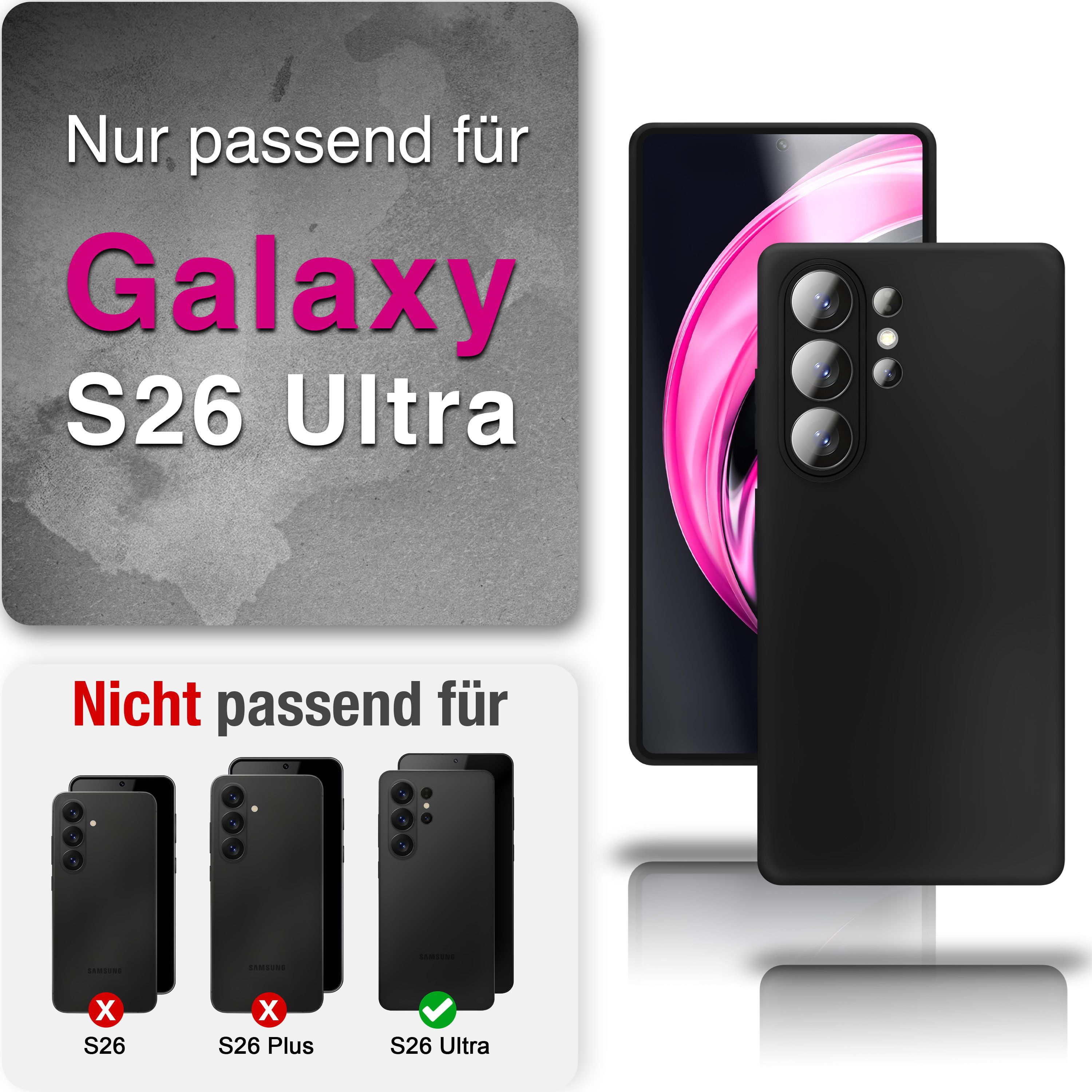 Schwarzes Handy mit drei Kameras. Nur für S26 Ultra.