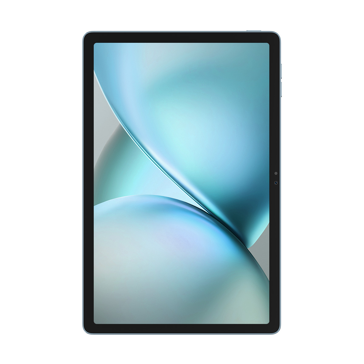 Een lichtblauwe tablet met een abstracte blauwe en witte achtergrond.