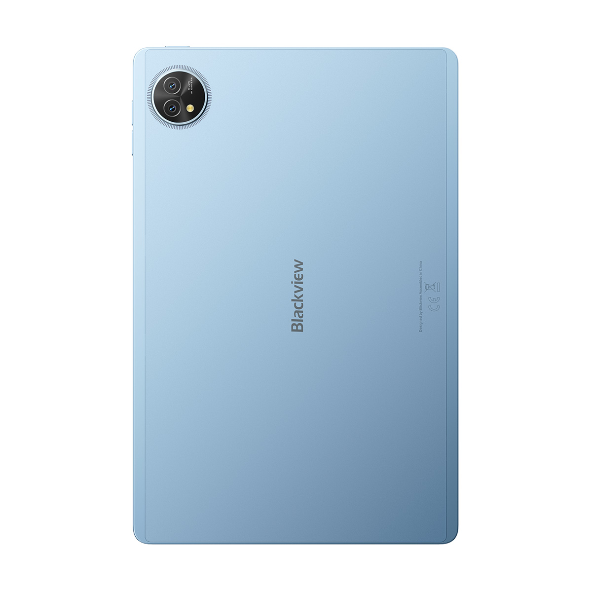 Een blauwe tablet met twee camera's aan de achterkant en het Blackview-logo.