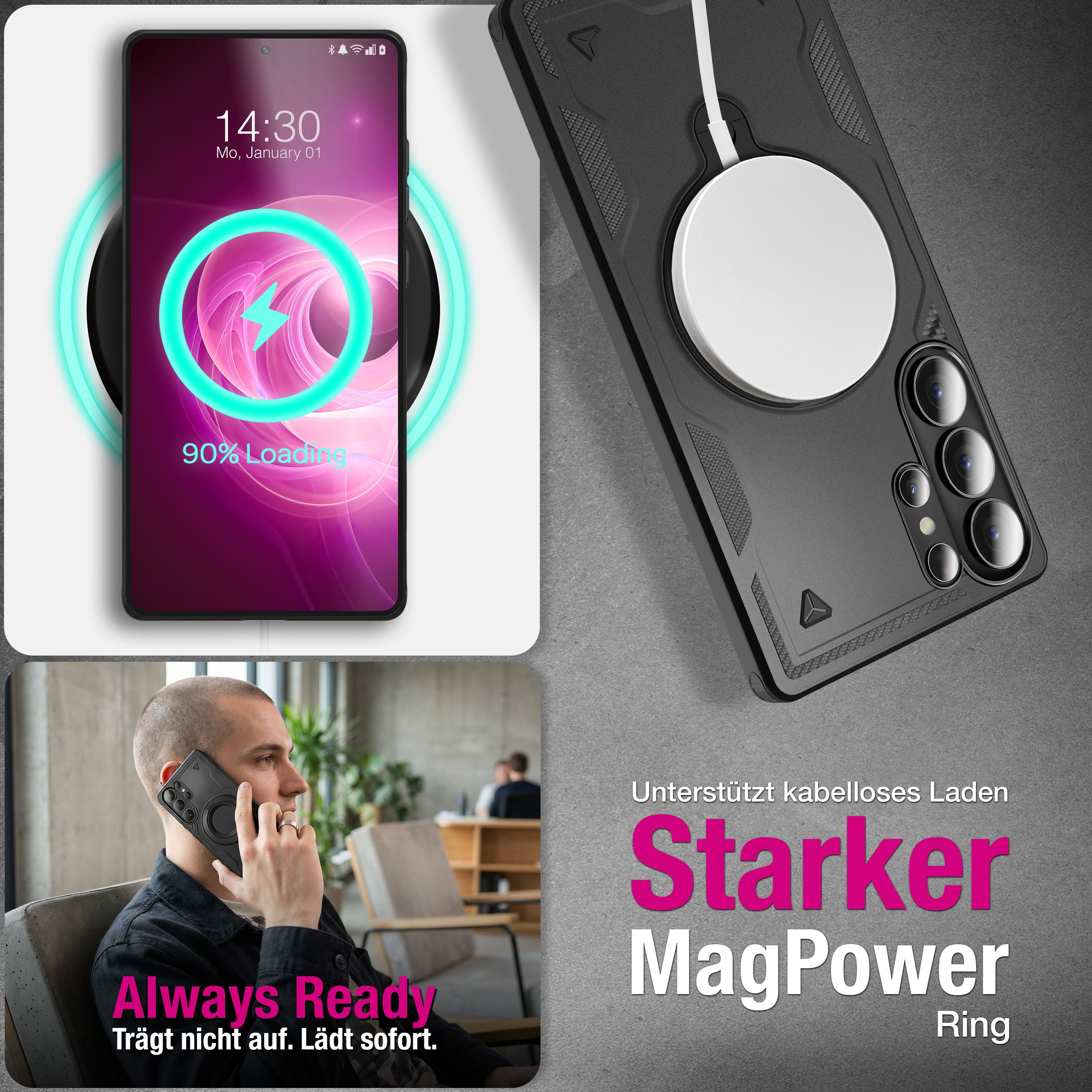 Smartphone lädt drahtlos mit 90%. Mann telefoniert. Starker MagPower Ring.