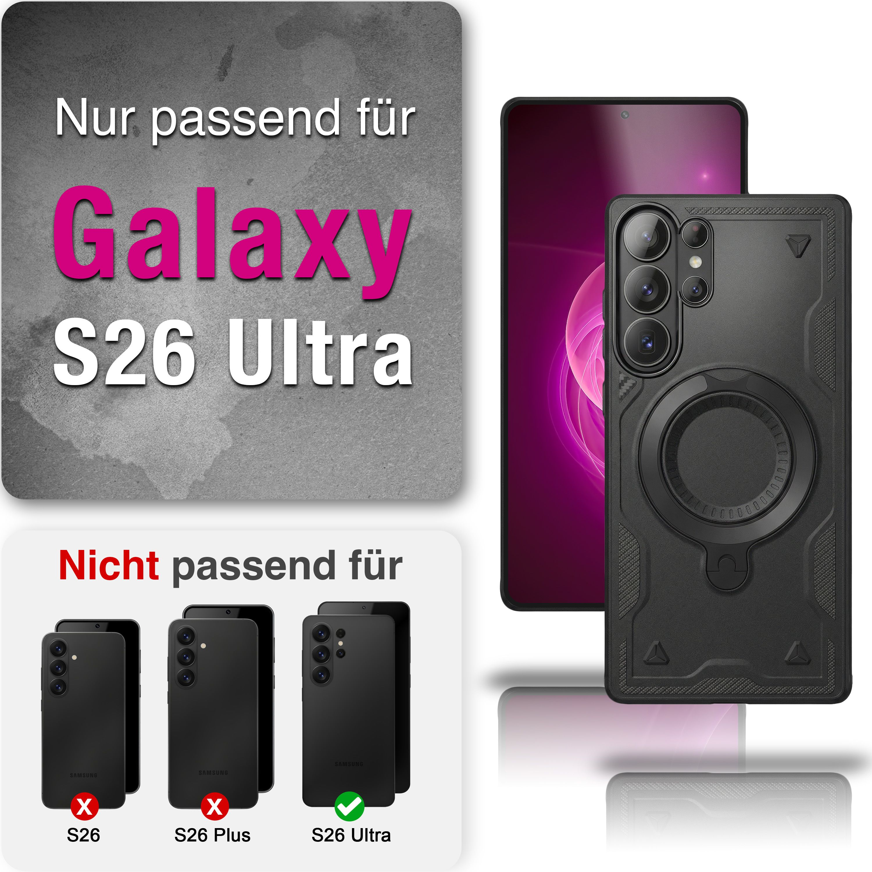 Schwarze Handyhülle für Samsung Galaxy S26 Ultra. Nicht passend für S26/S26 Plus.