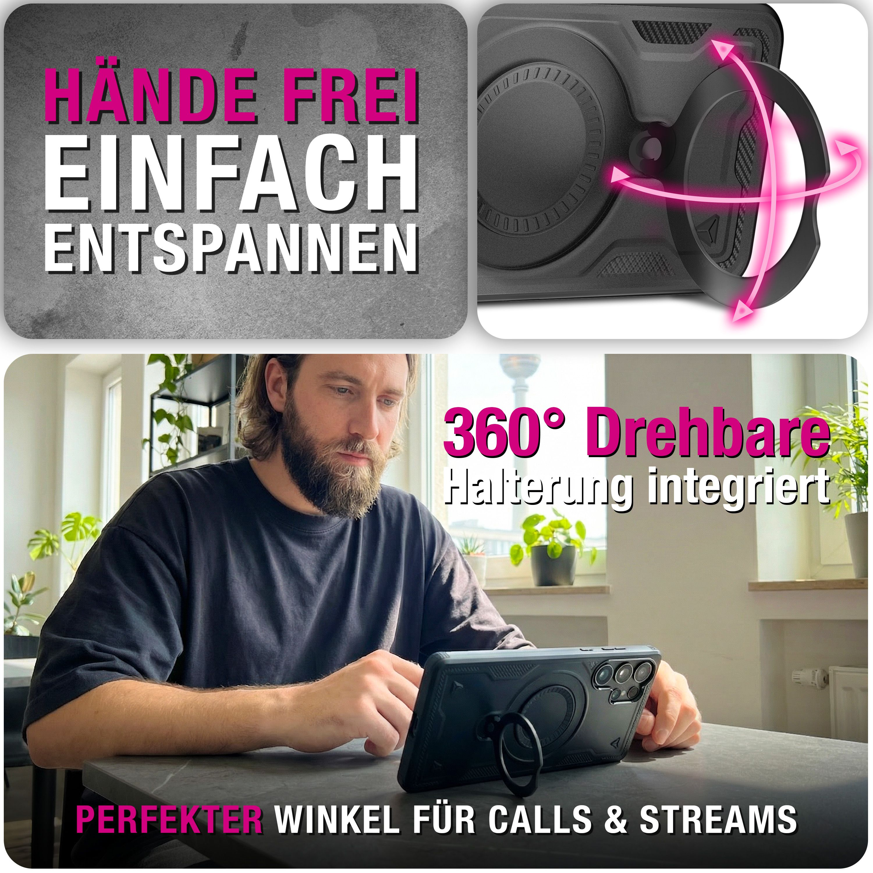 Mann nutzt Handy mit drehbarer Halterung für Calls & Streams.