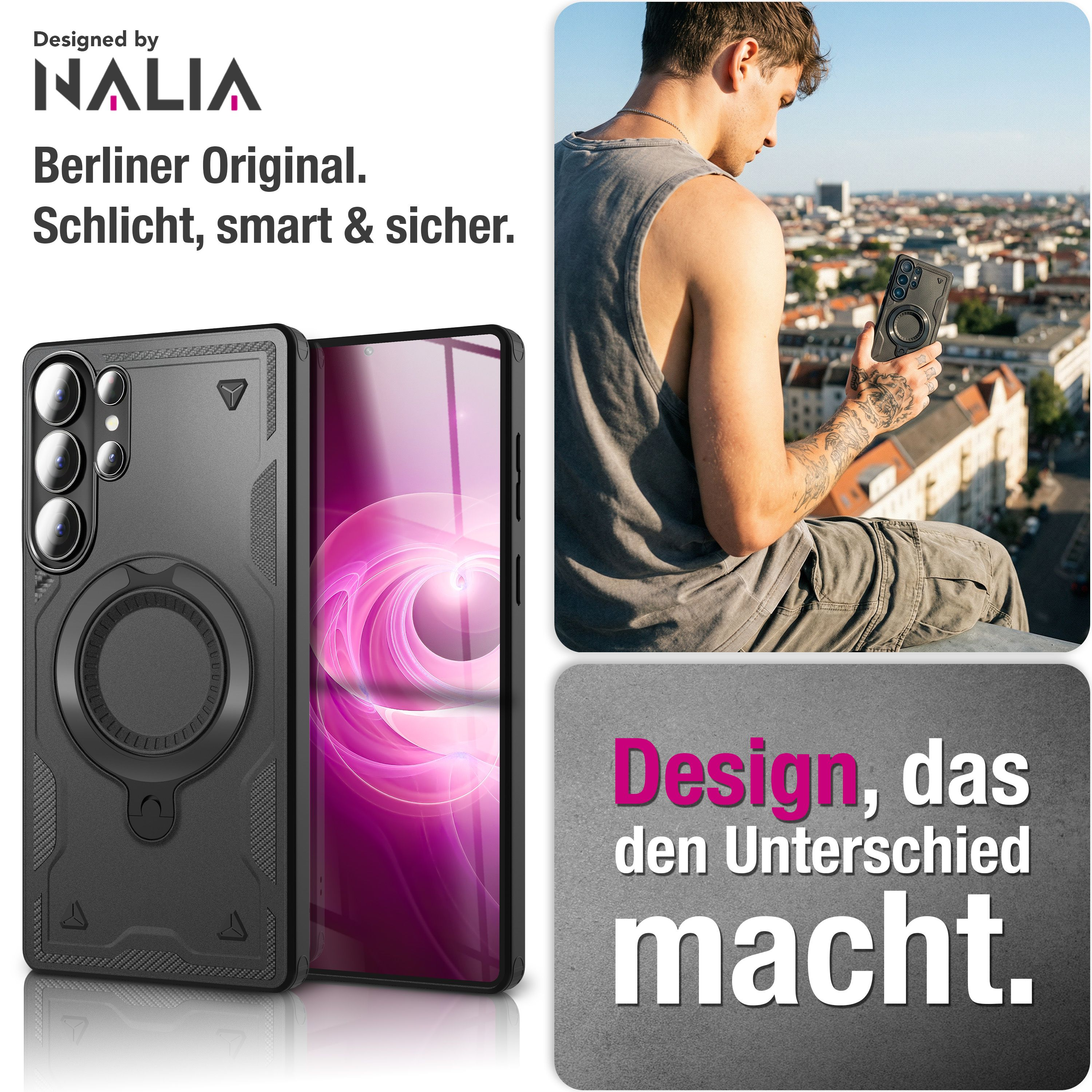Schwarze Handyhülle mit Ringhalter und einem Mann im Hintergrund.