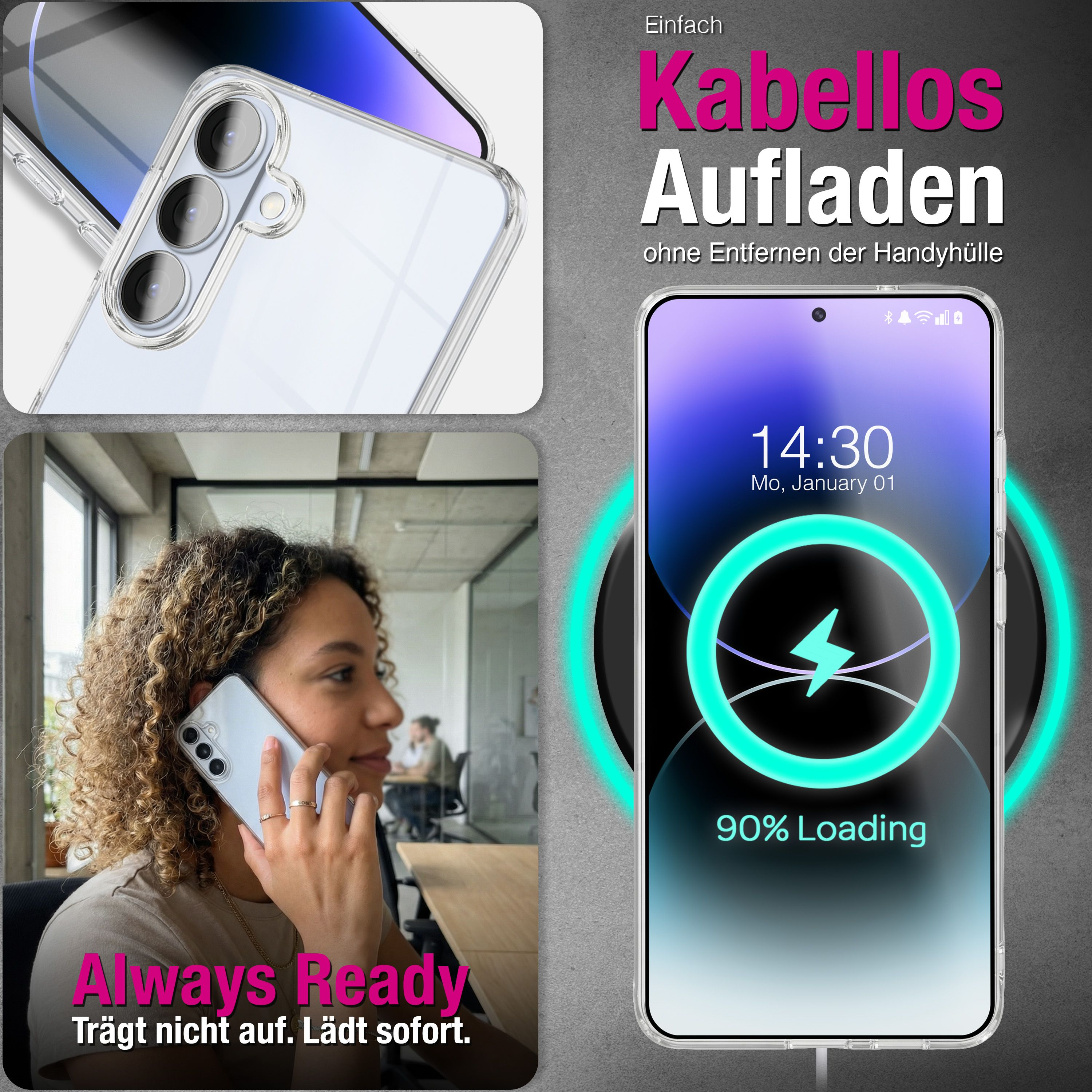 Smartphone-Hülle lädt kabellos, eine Frau telefoniert.