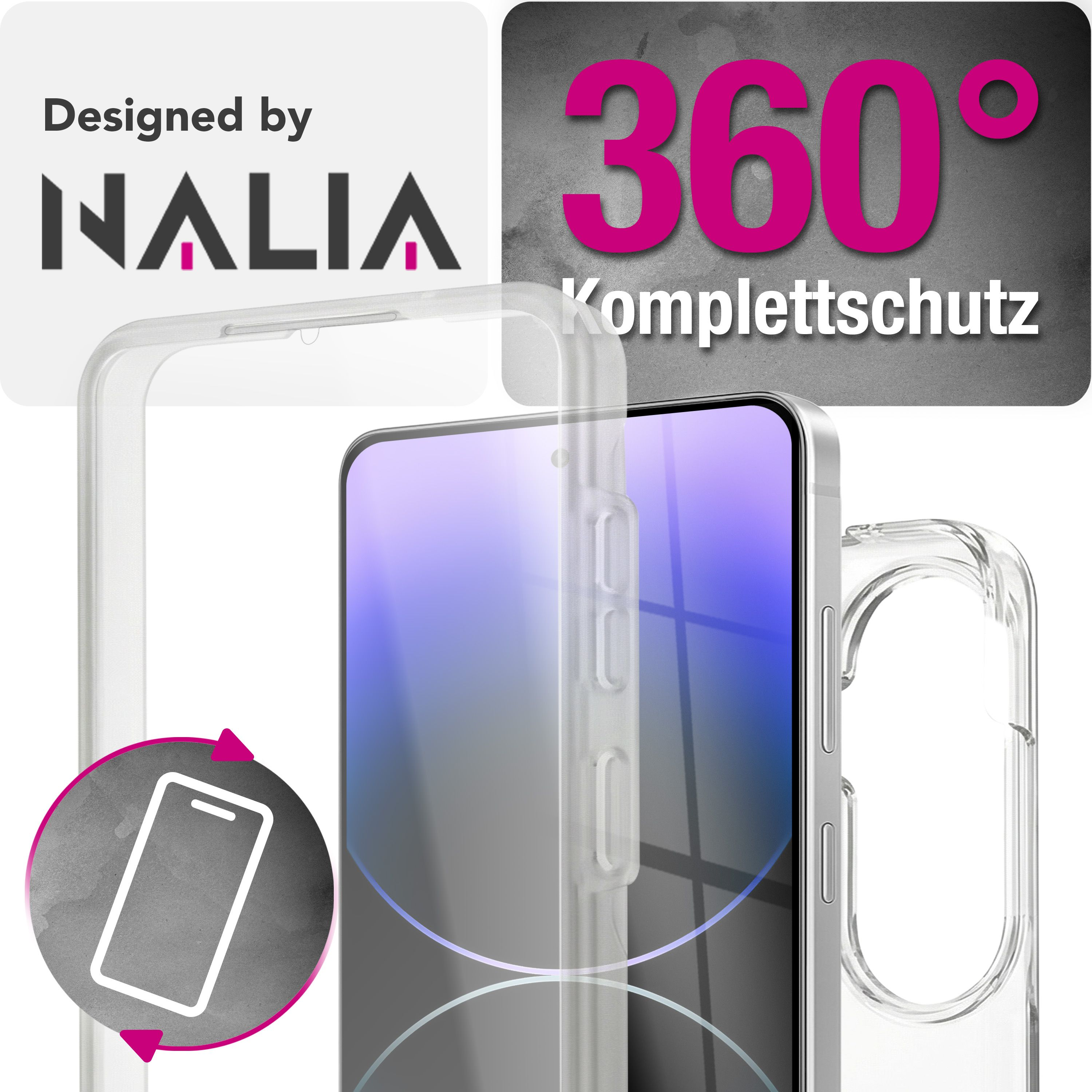 Klarer Handyhülle mit 360-Grad-Schutz und Nalia-Logo.