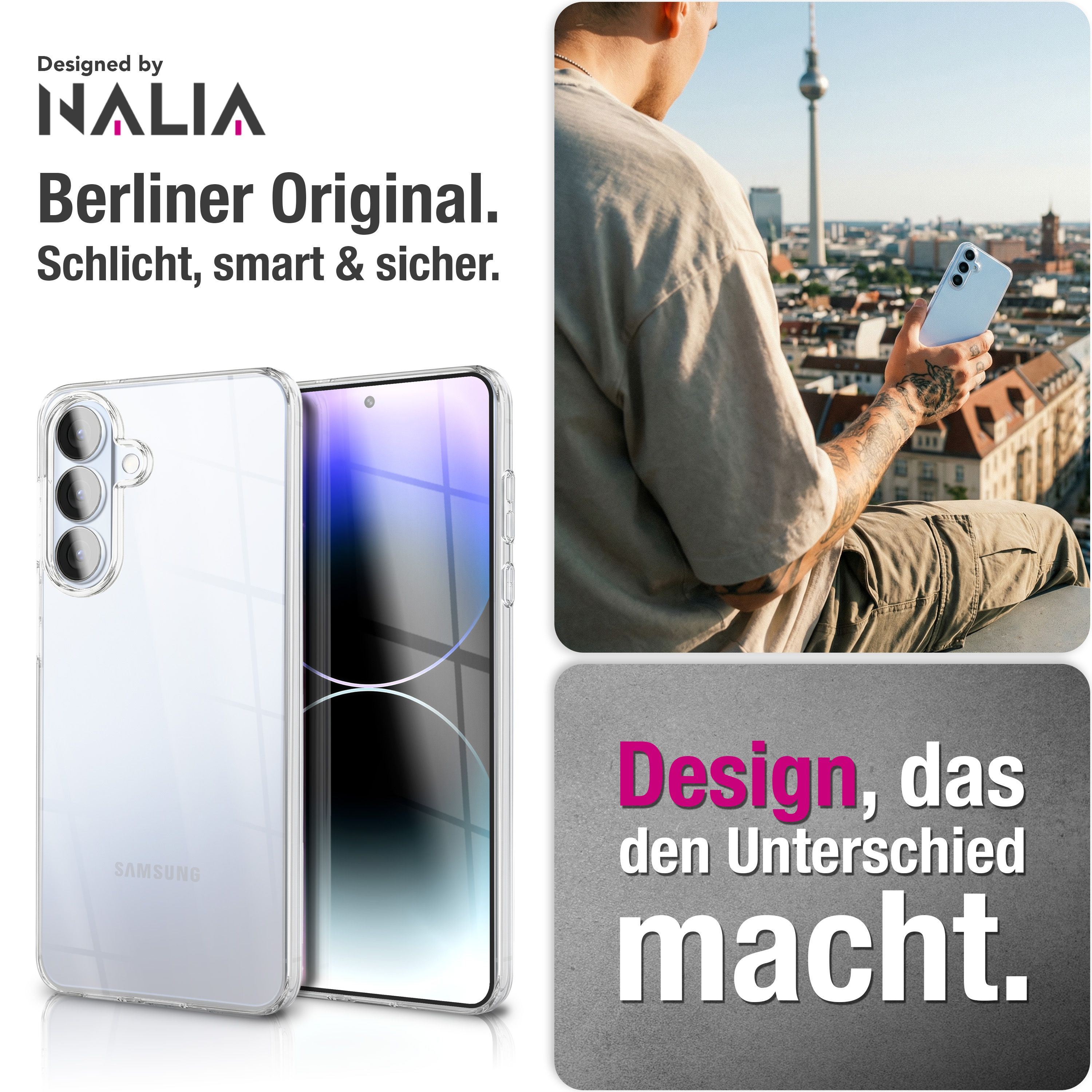 Eine durchsichtige Handyhülle liegt neben einem Handy mit Blick auf Berlin.