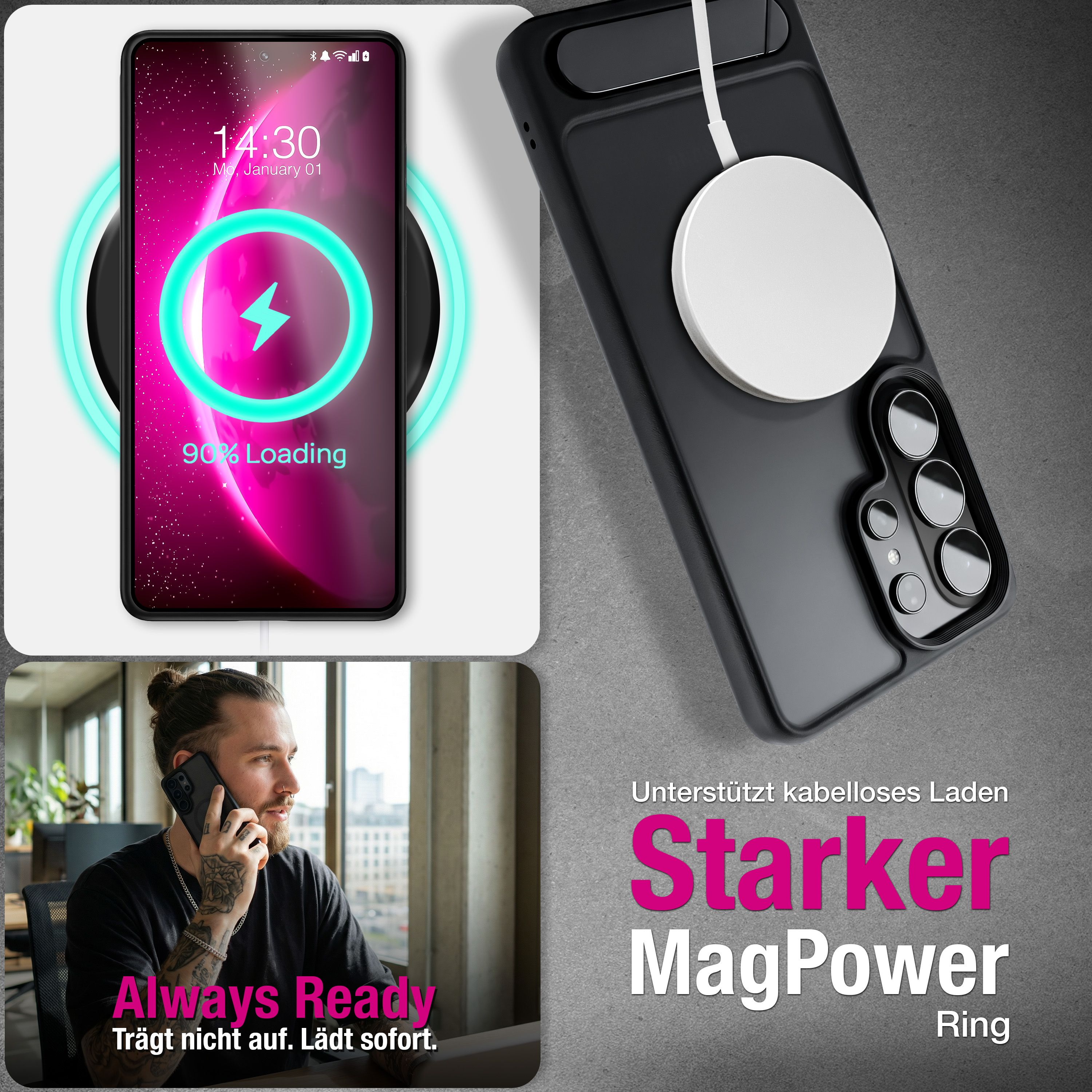 Smartphone wird kabellos geladen, Mann telefoniert. Starker MagPower Ring.