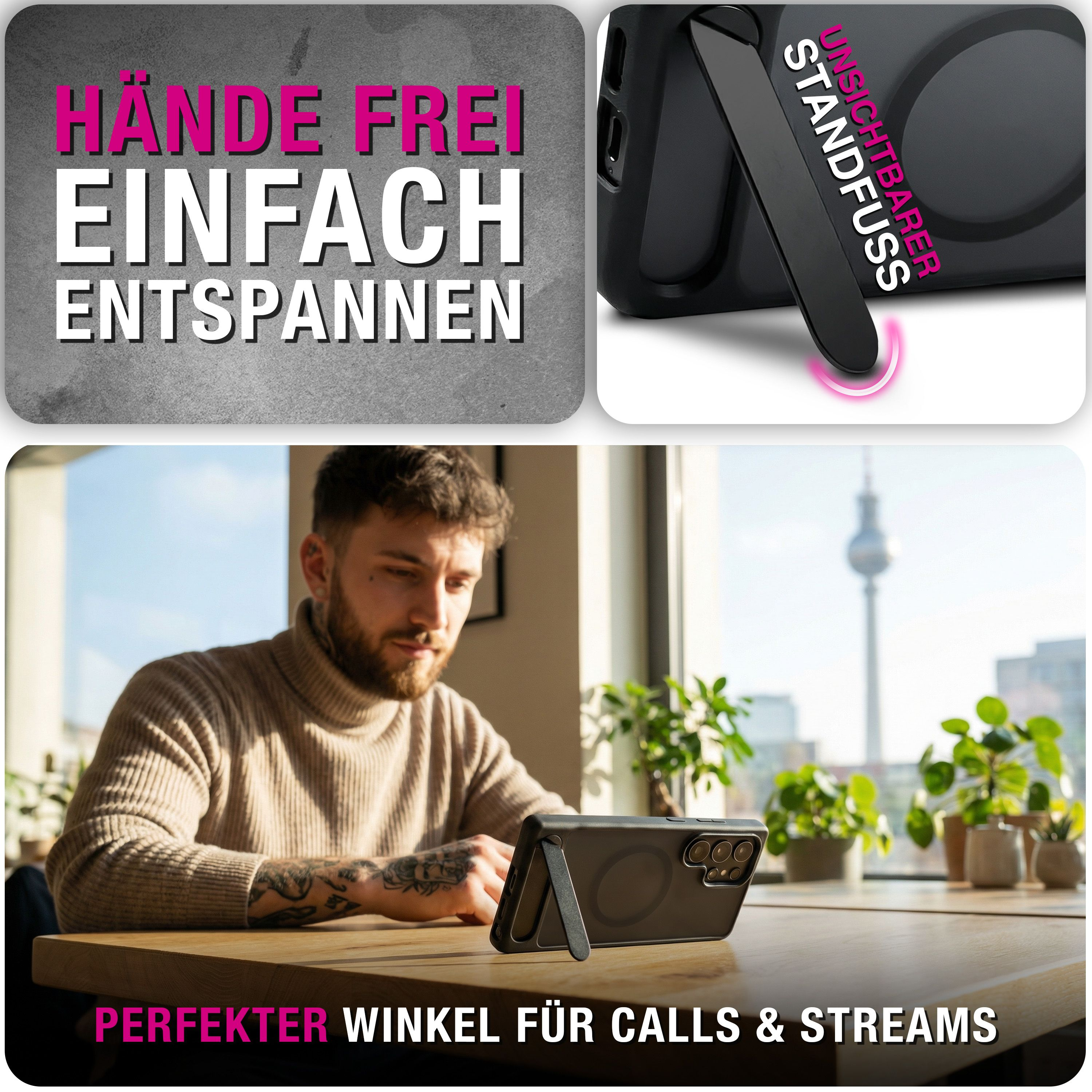 Mann mit Tattoo blickt auf Smartphone mit Ständer. Texte: Hände frei, einfach entspannen.