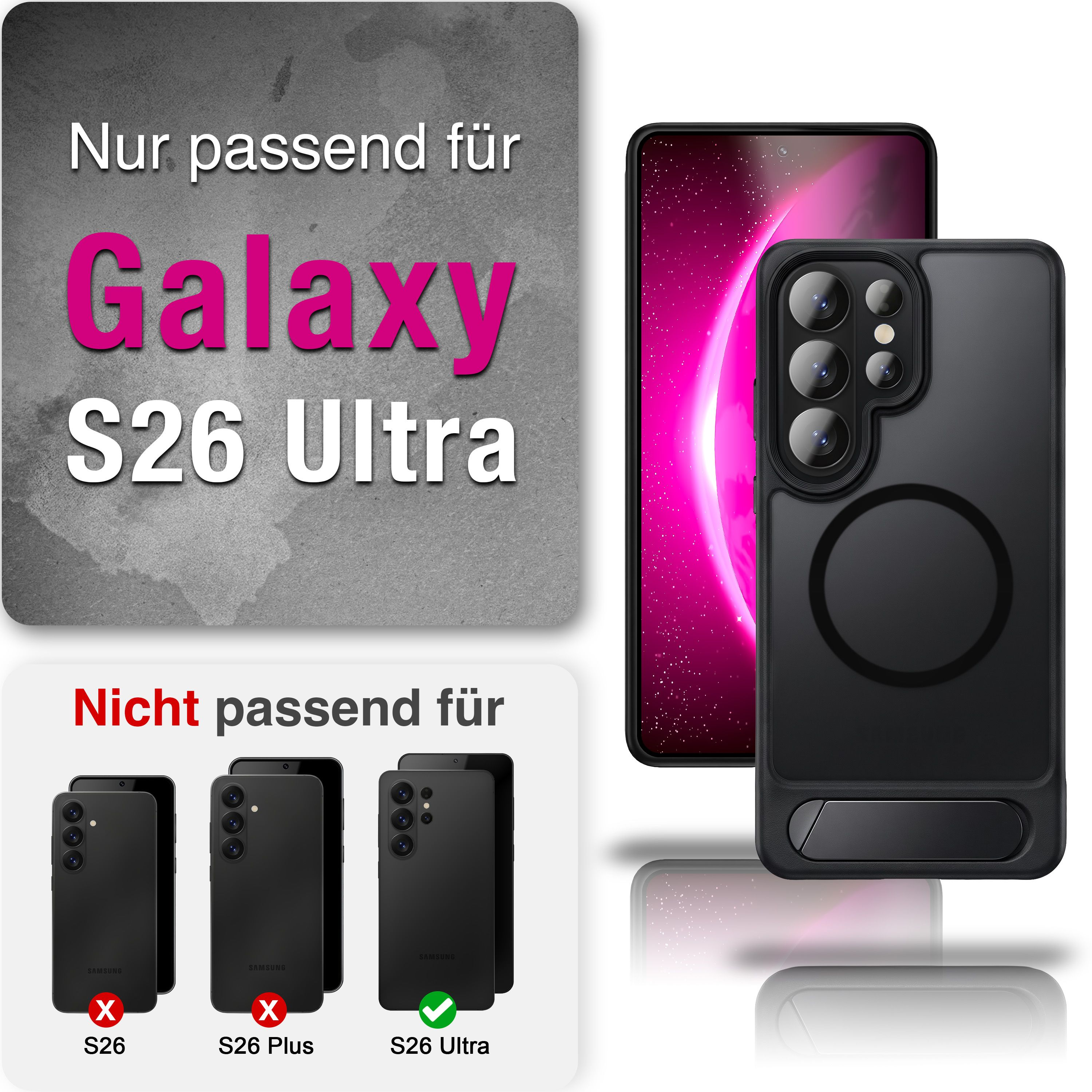 Schwarze Hülle für Samsung Galaxy S26 Ultra mit Kameras und Zubehör.
