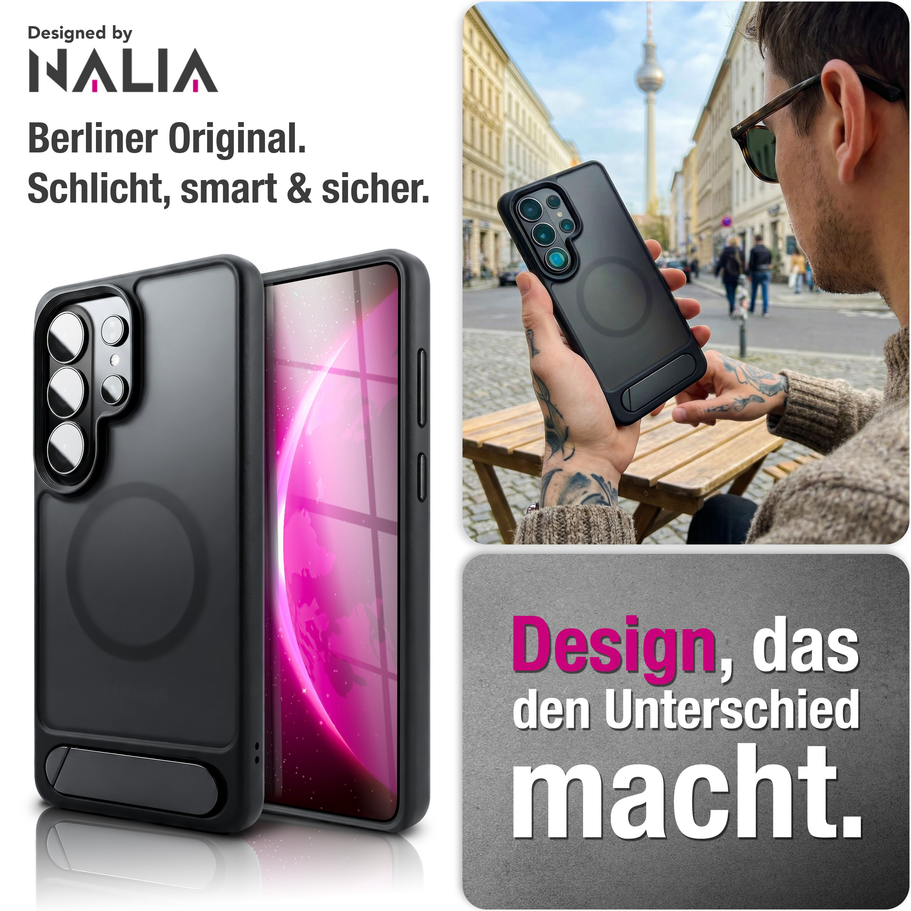 Schwarze Handyhülle mit integriertem Ständer vor Berliner Kulisse.