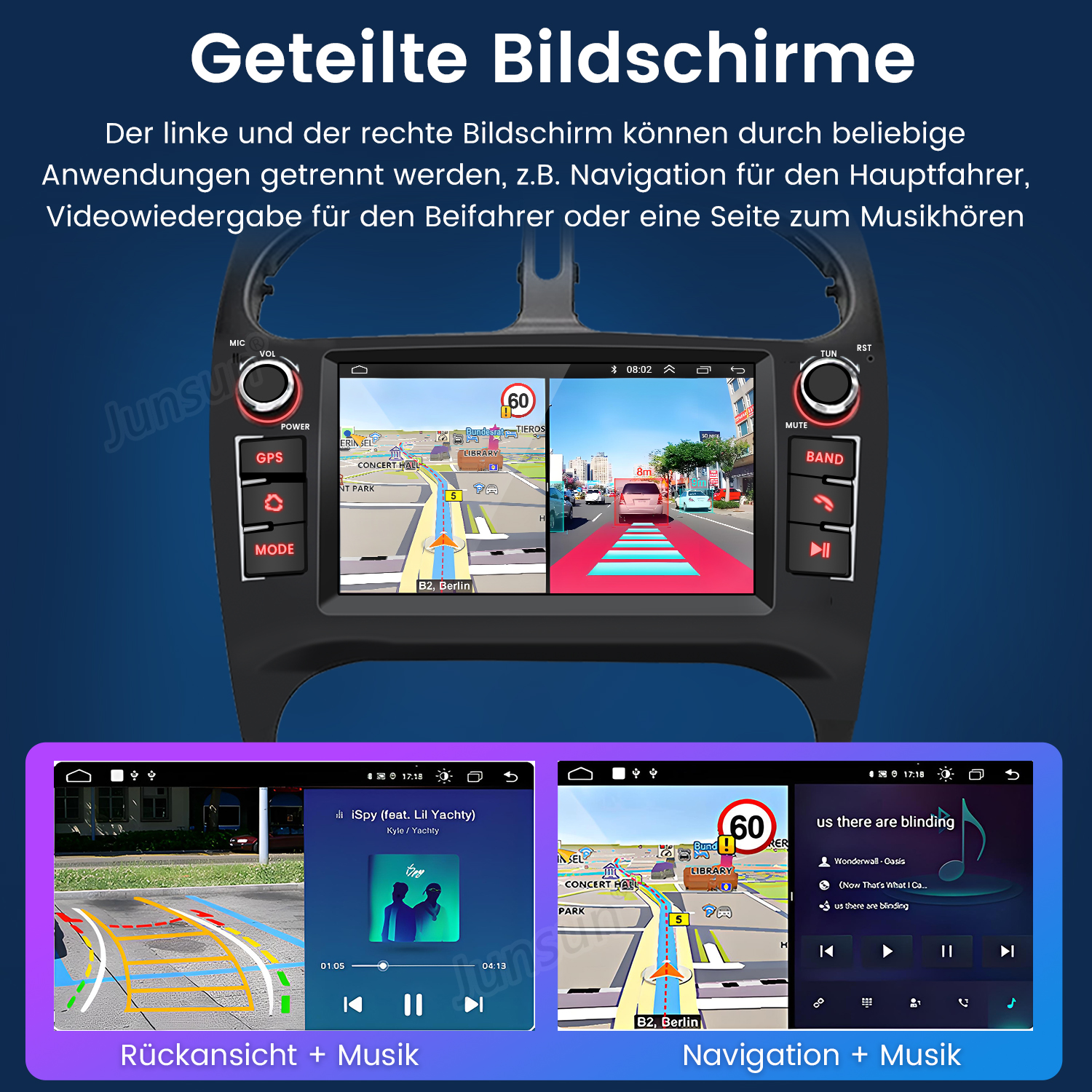 Ein Auto-Infotainmentsystem mit geteiltem Bildschirm zeigt Navigation und Musikplayer.