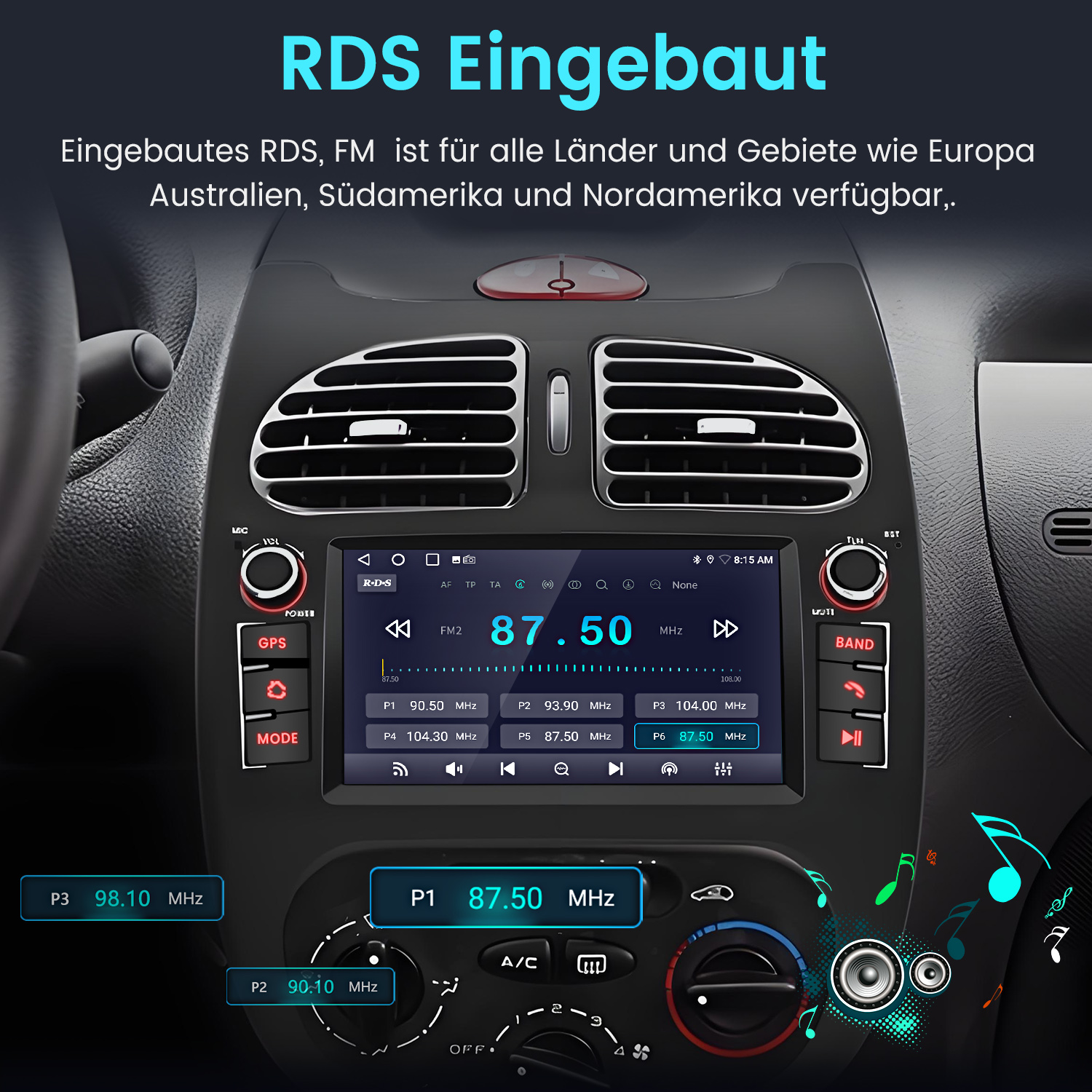 Einbau-Autoradio mit Touchscreen zeigt FM-Sender 87.50 MHz an.