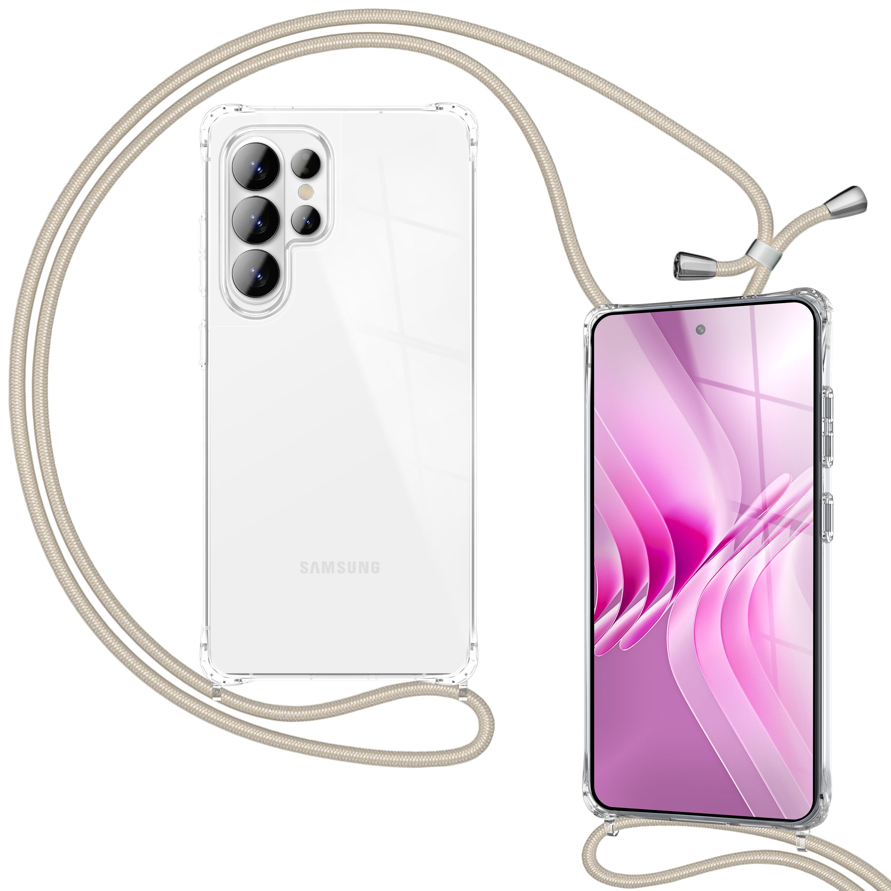 Ein durchsichtiges Handy mit einem Kordelband, das um beide Handys gewickelt ist.