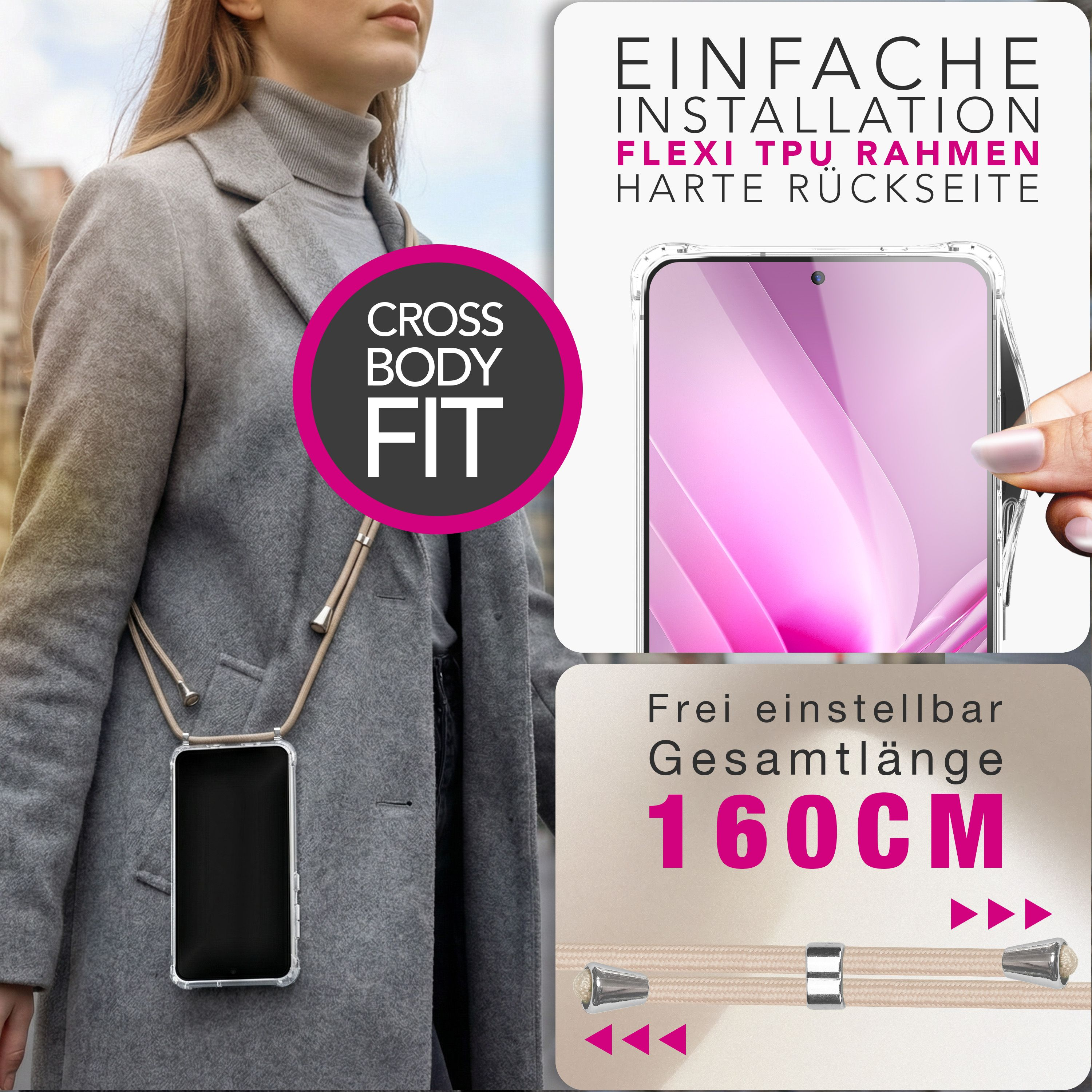 Frau mit Handy-Kette am grauen Mantel, klare Hülle, 160 cm.