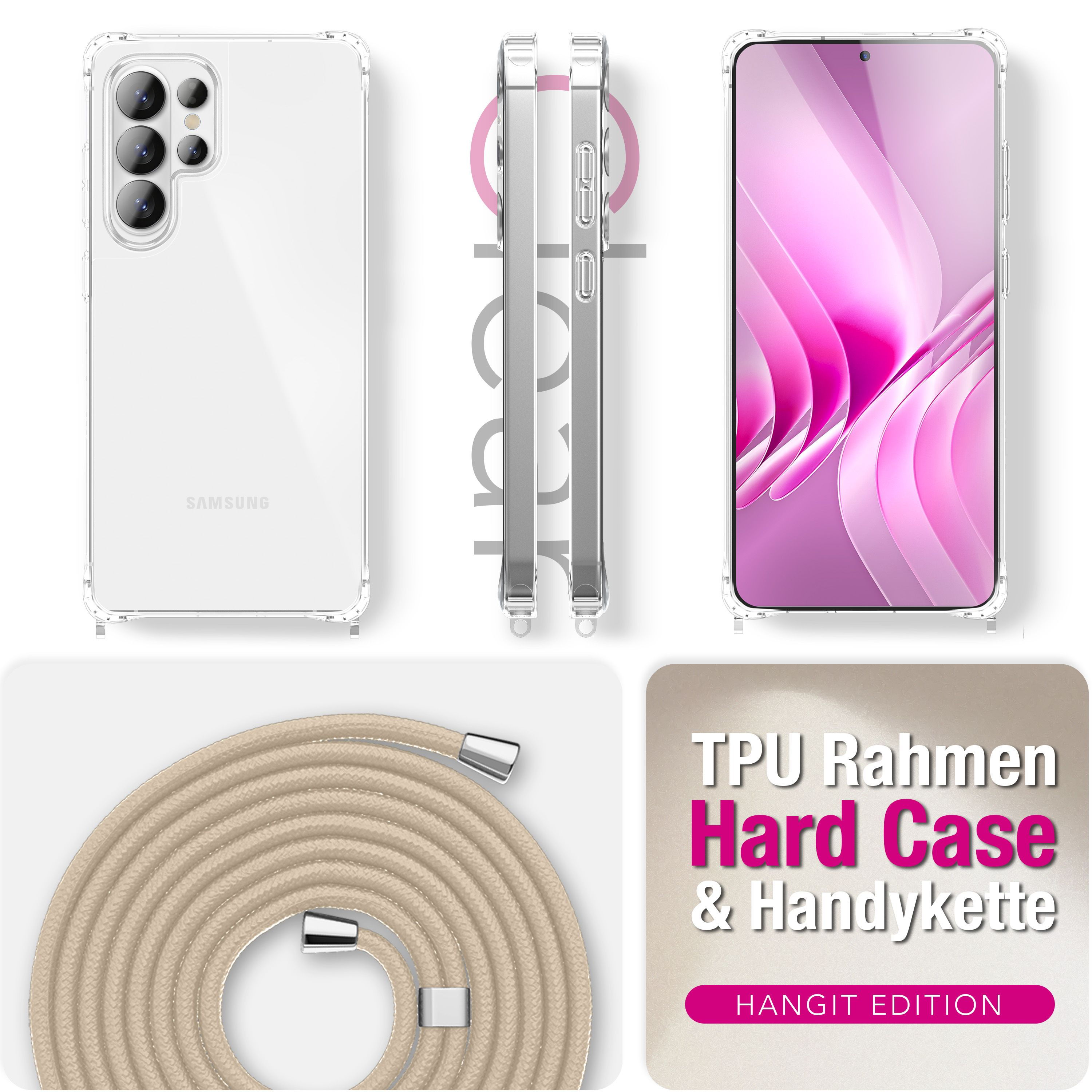 Transparente Handyhülle mit Lanyard und Pinkem Hintergrund.