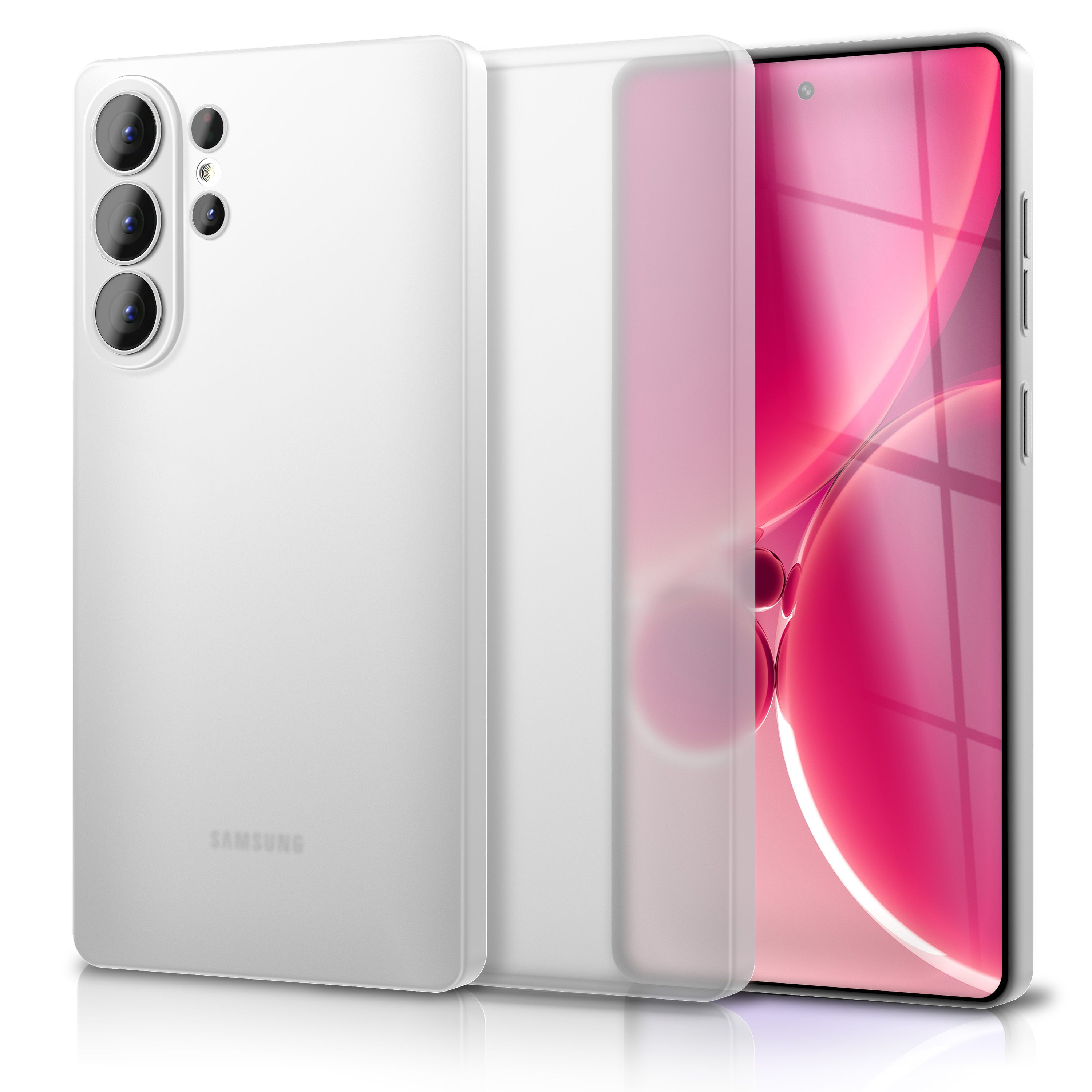 Ein weißes Smartphone mit drei Kameras auf der Rückseite und einem rosa Hintergrund.