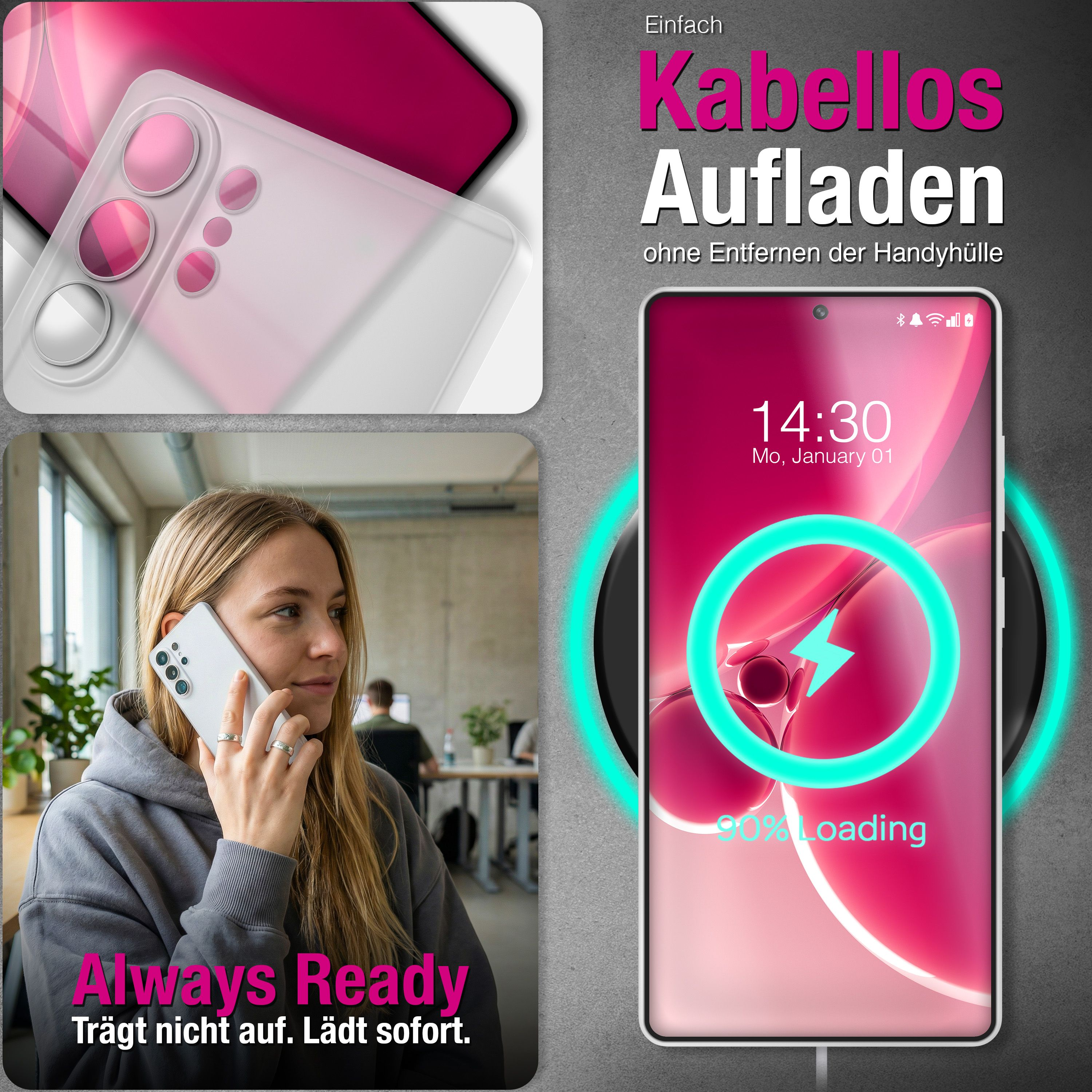 Frau telefoniert mit Handy, das kabellos lädt. Handyhülle und Ladeanzeige.