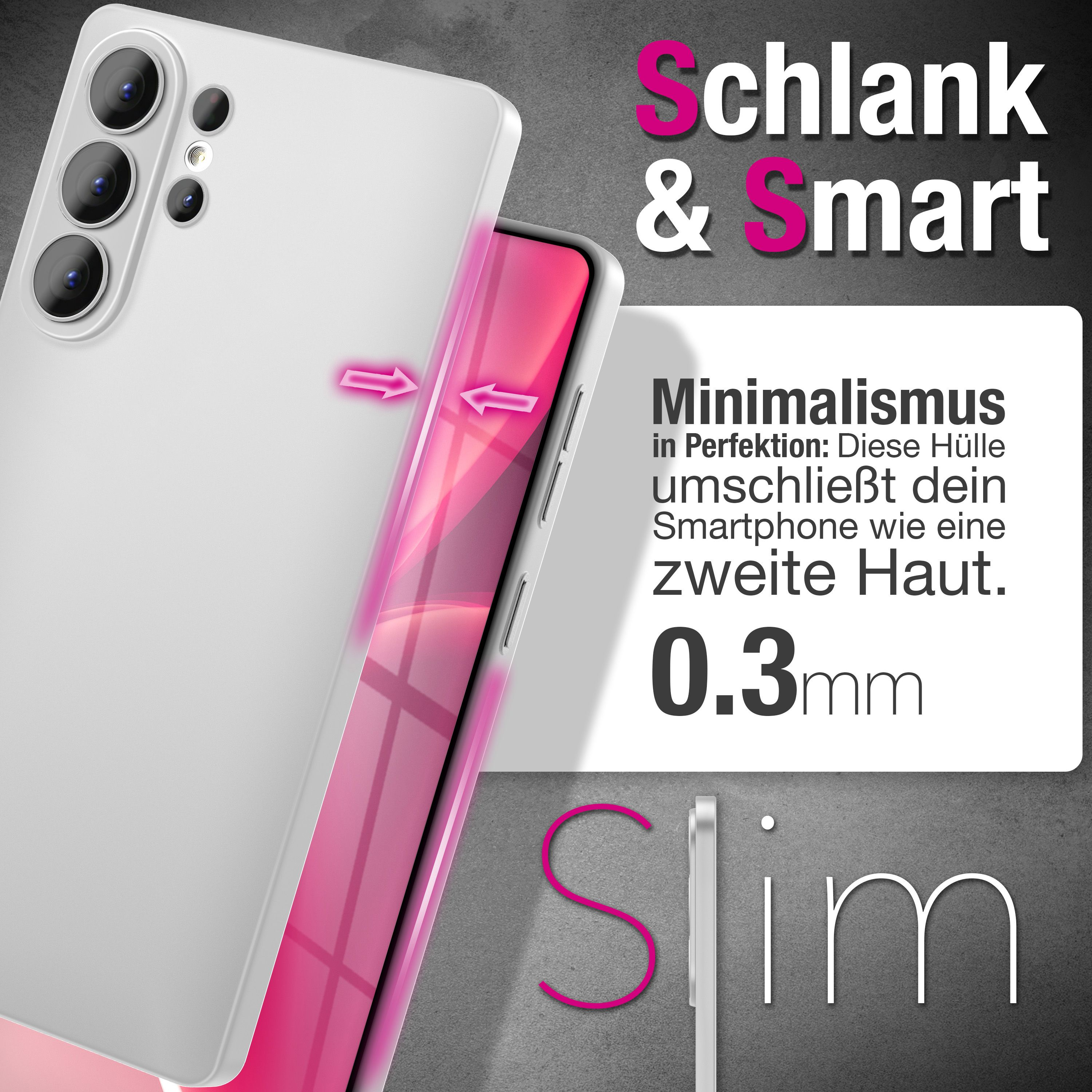 Schlanke weiße Handyhülle mit pinken Akzenten und Text.