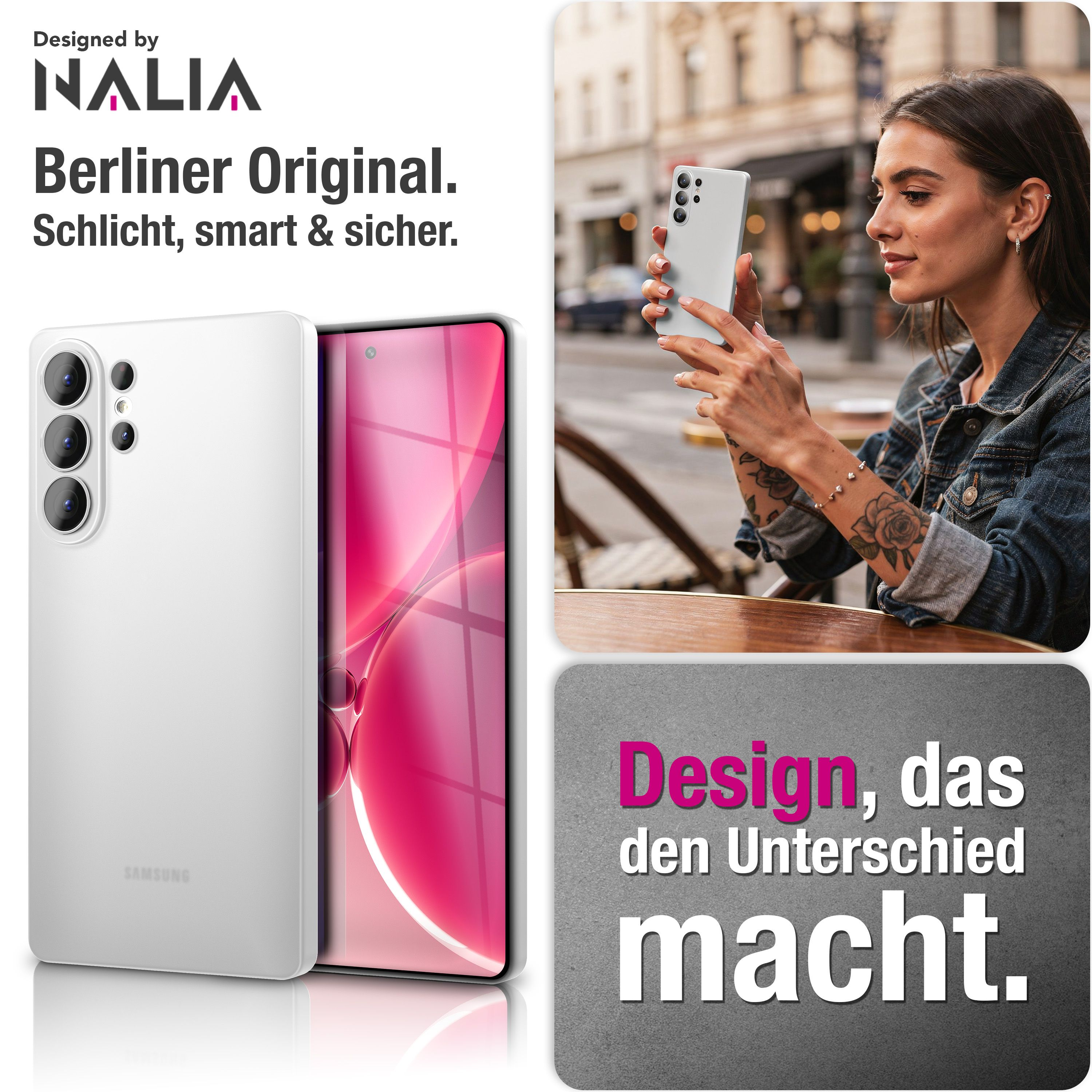 Ein weißes Smartphone mit drei Kameras, gehalten von einer Frau.