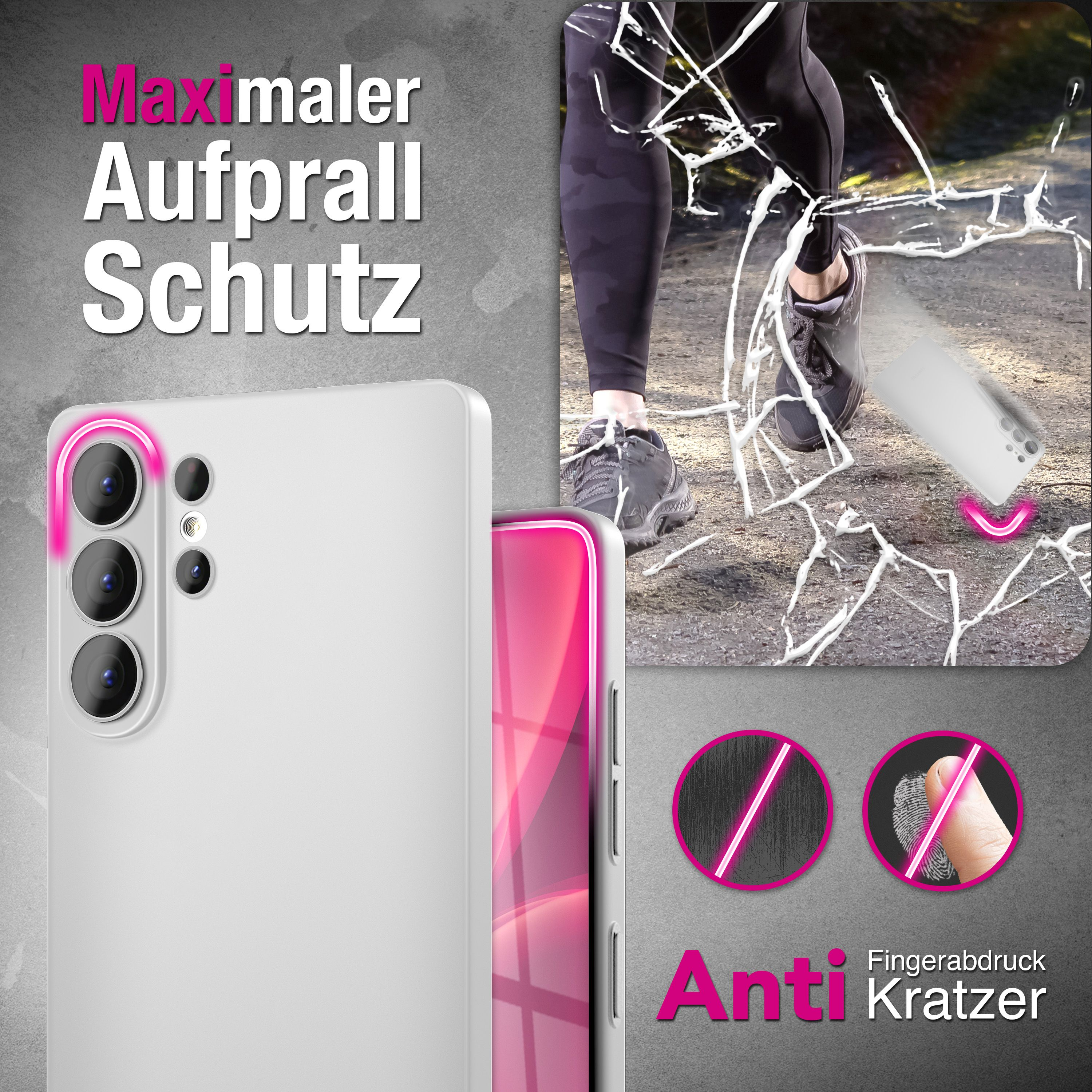 Ein weißes Handy mit Kameraschutz fällt, zeigt maximale Aufprallschutz-Funktionen.