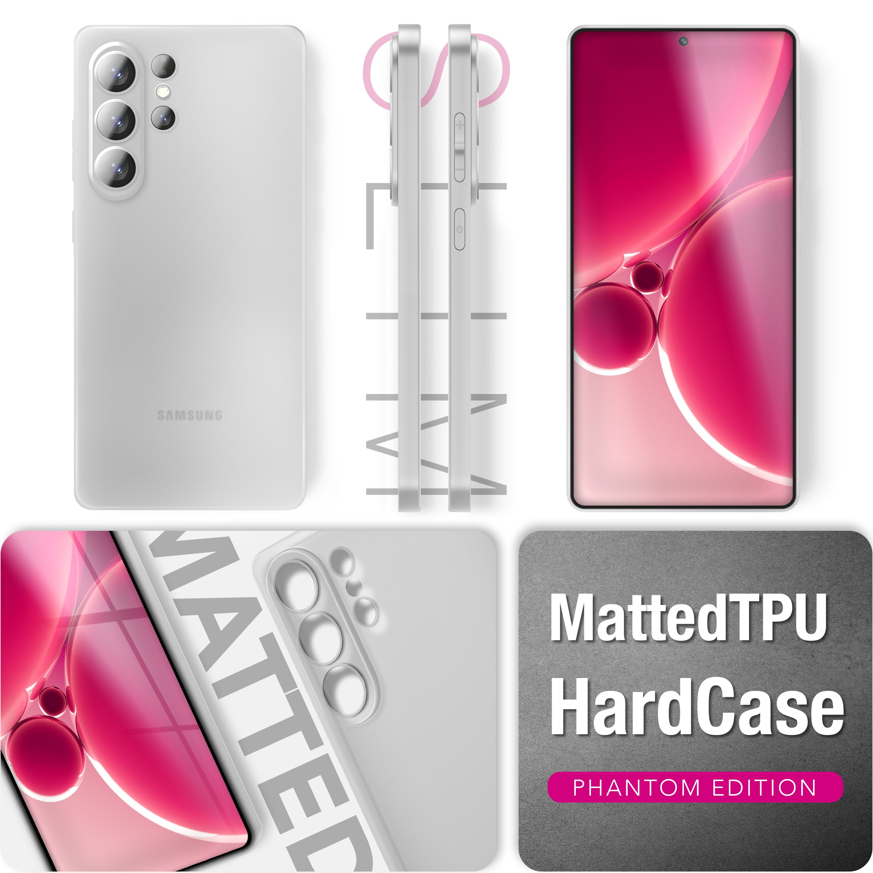 Eine weiße Handyhülle mit Kameras und Text: MattedTPU HardCase Phantom Edition.