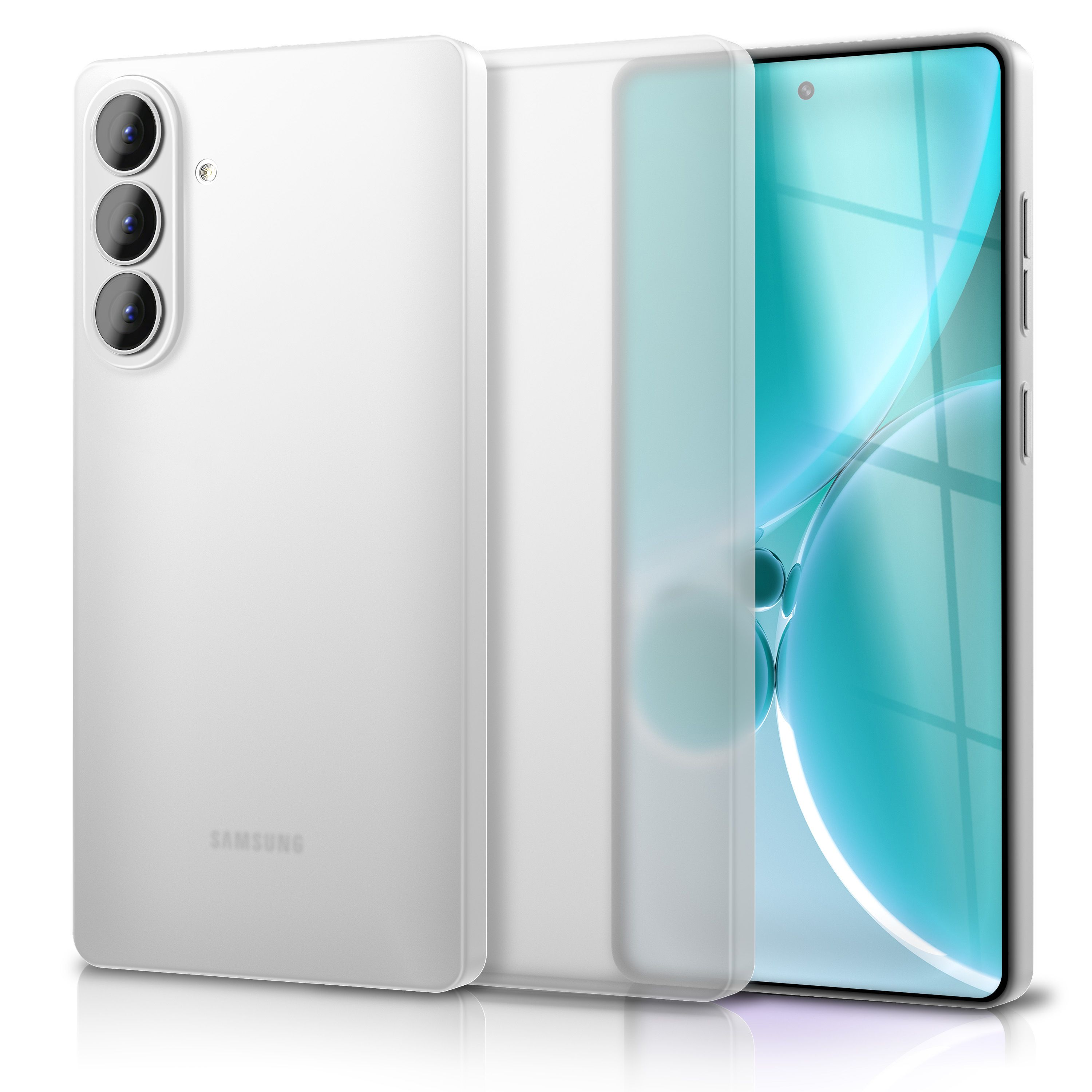Ein weißes Smartphone mit drei Kameras und einem Samsung-Logo.