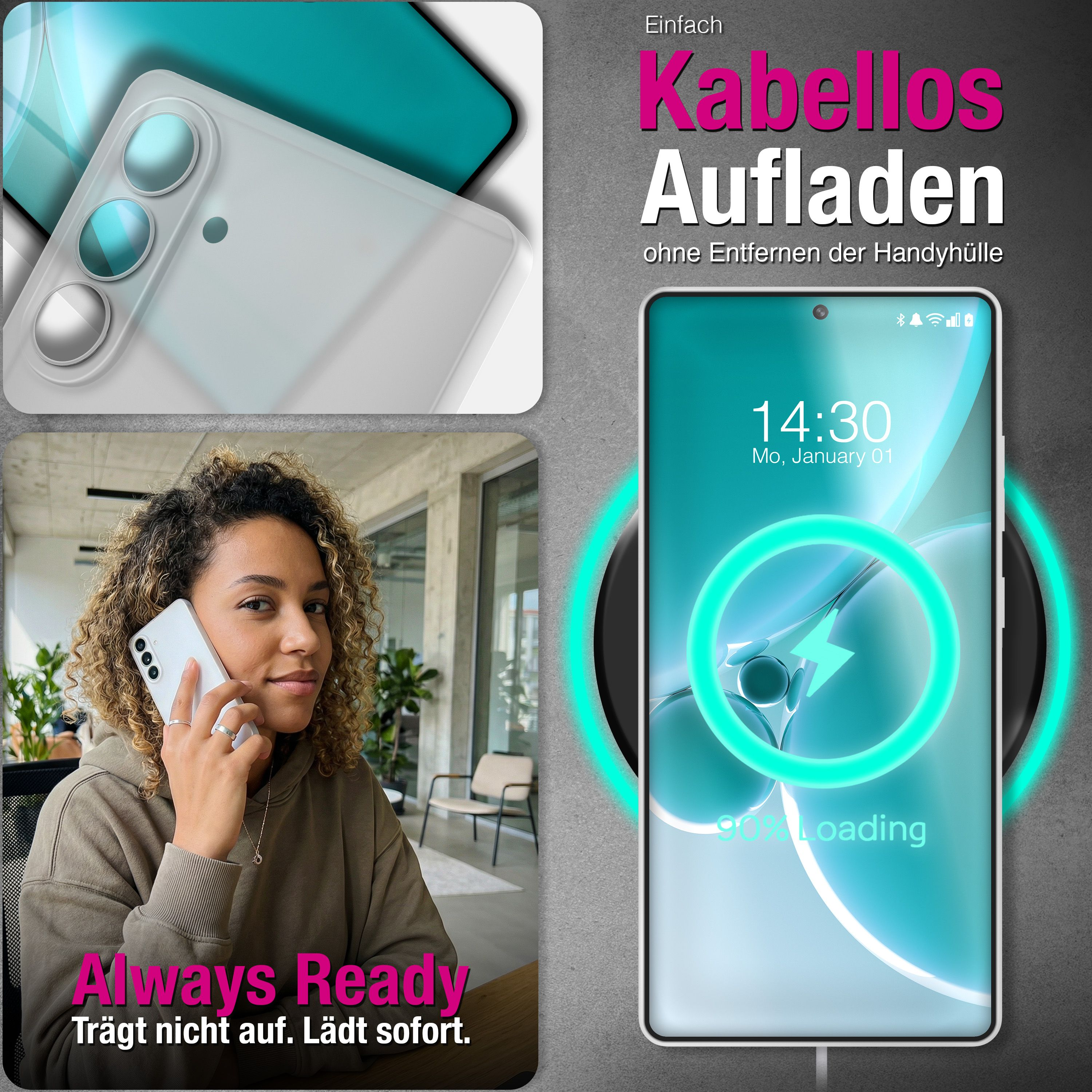 Collage zeigt Frau mit Handy, Ladeanimation und Handy-Rückseite.