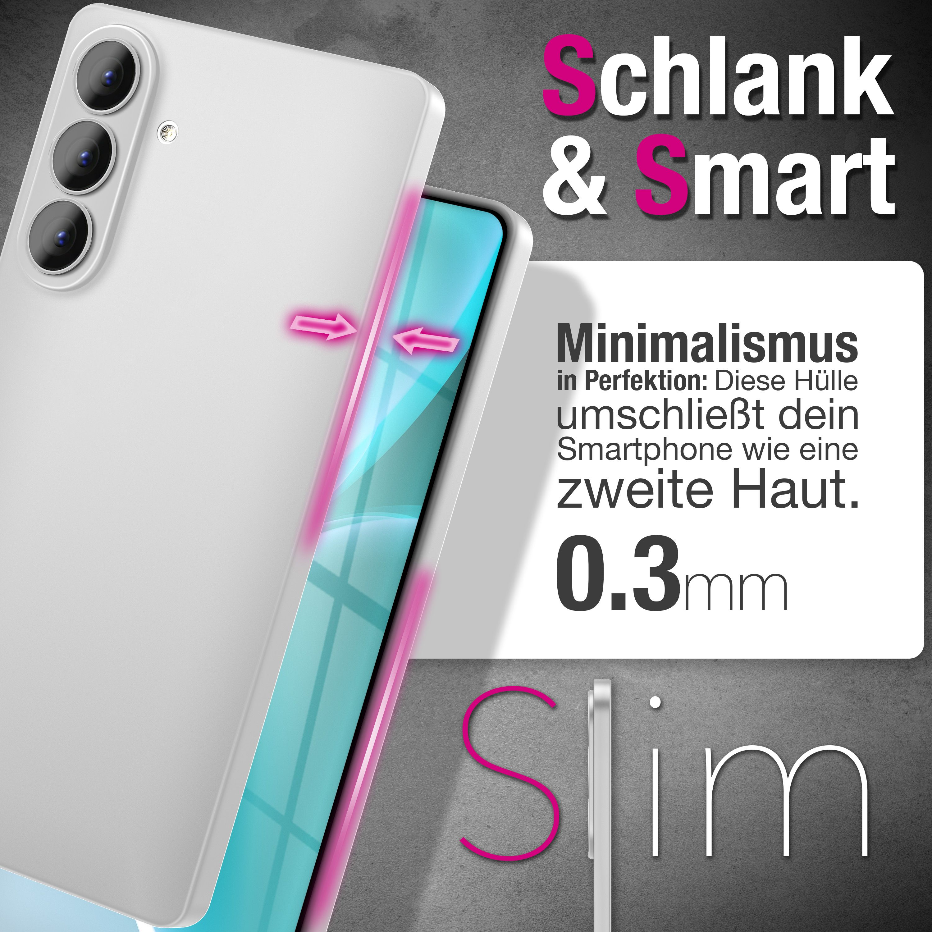 Ein schlankes, weißes Smartphone mit einem dünnen, rosa umrandeten Schutz. Text "Slim".