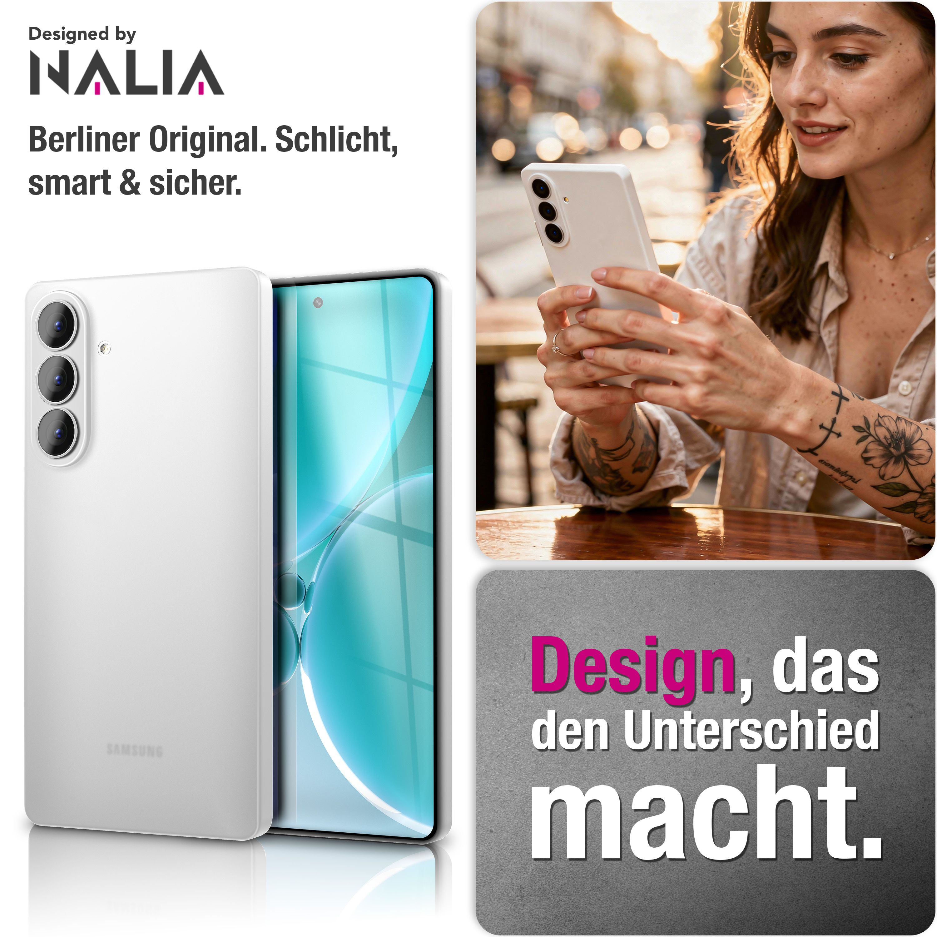 Weißes Smartphone mit drei Kameras und Frau mit Handy im Freien.