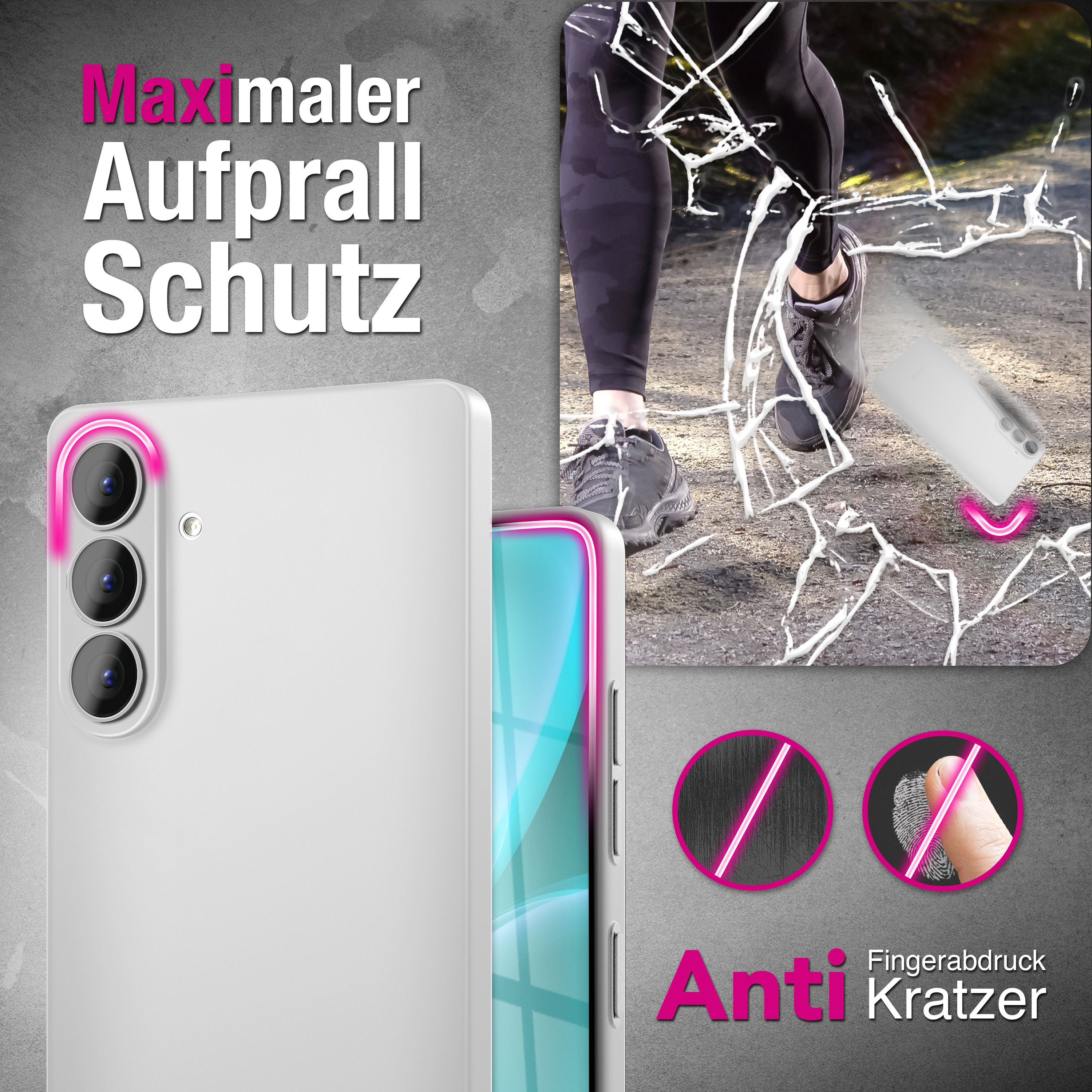 Weißes Smartphone mit Kameras, daneben ein Fuß mit Schuh und zerbrochenem Glas.