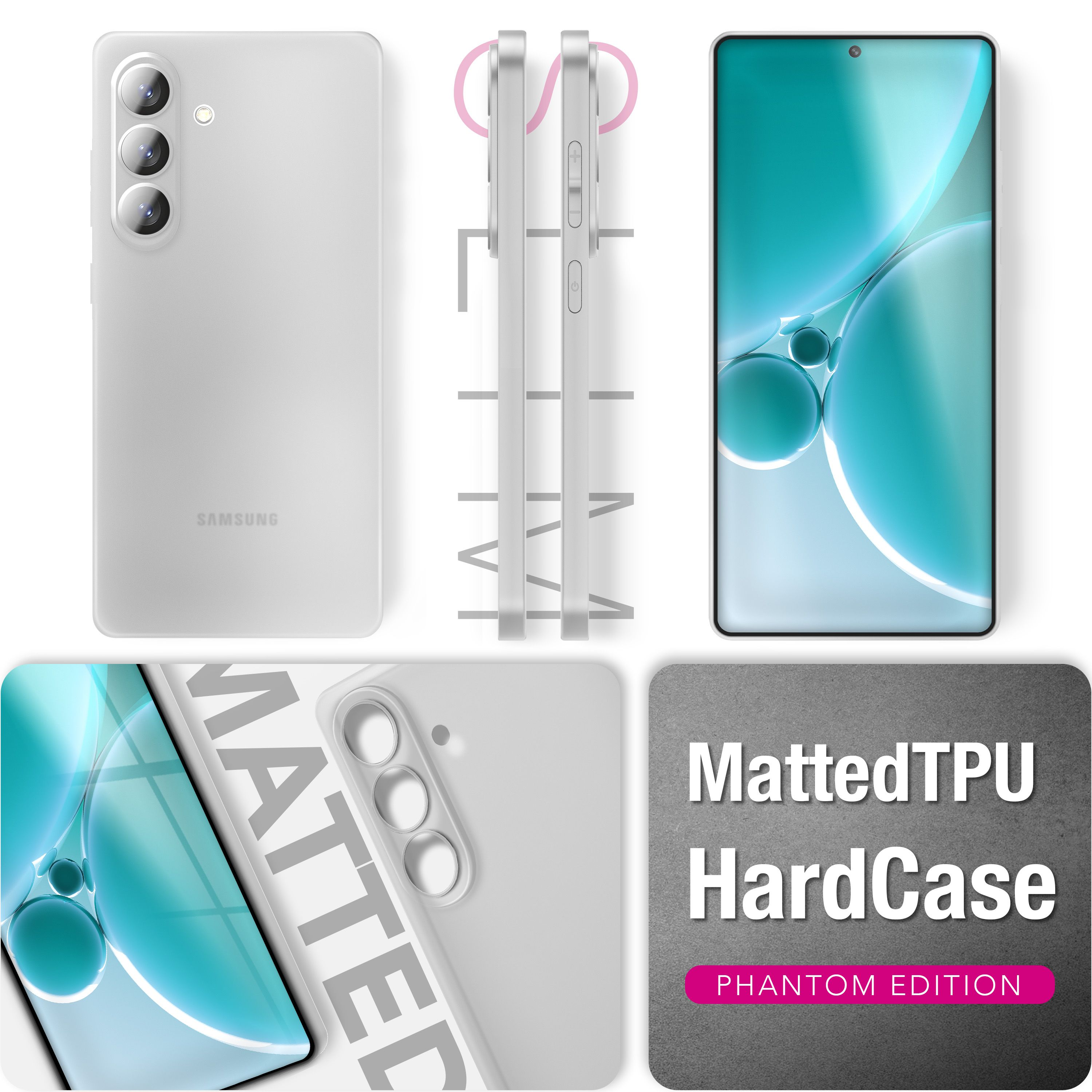 Ein weißes Smartphone mit drei Kameras und einem blauen Bildschirm.