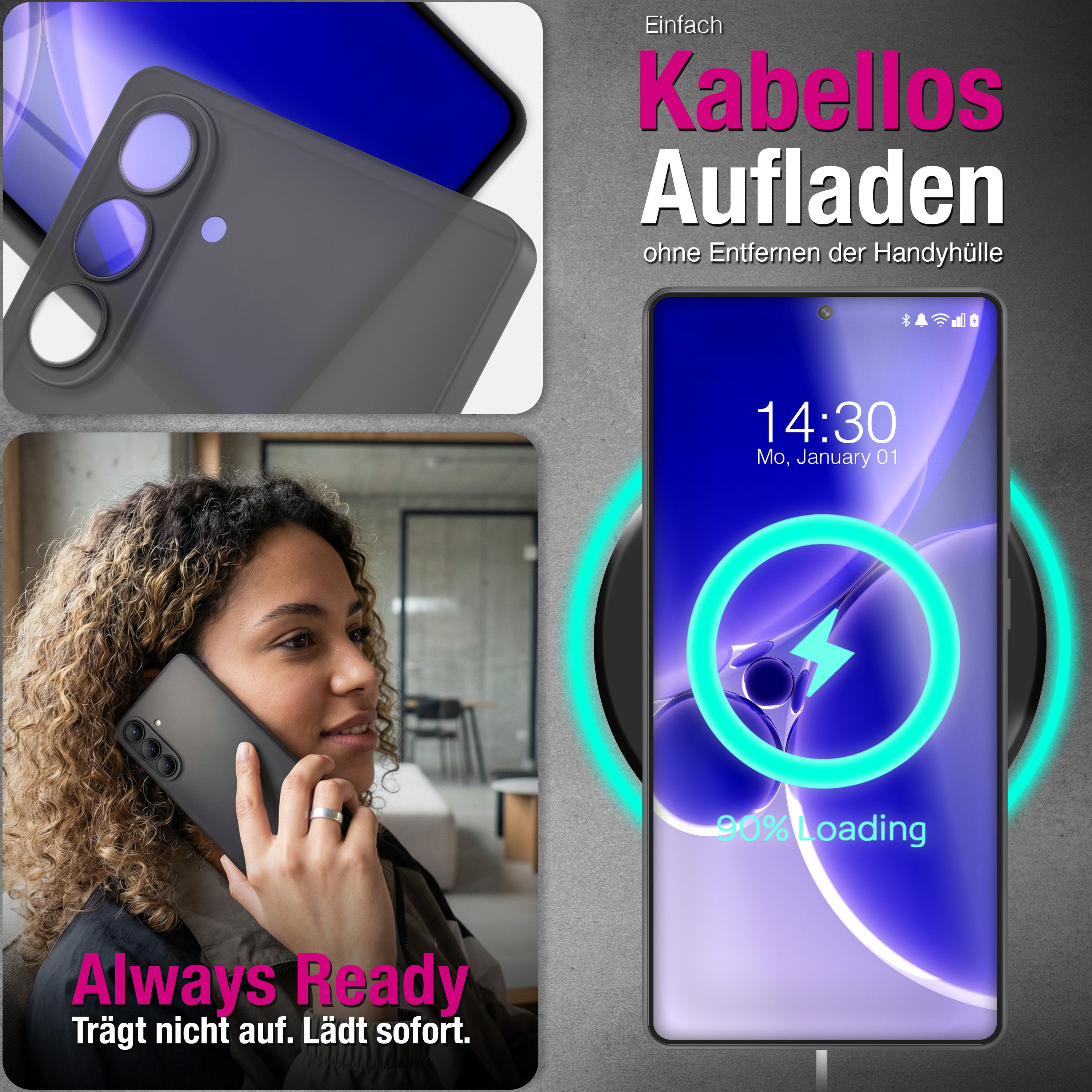 Drei Collagen: Handyhülle, Frau am Telefon, Handy lädt kabellos.