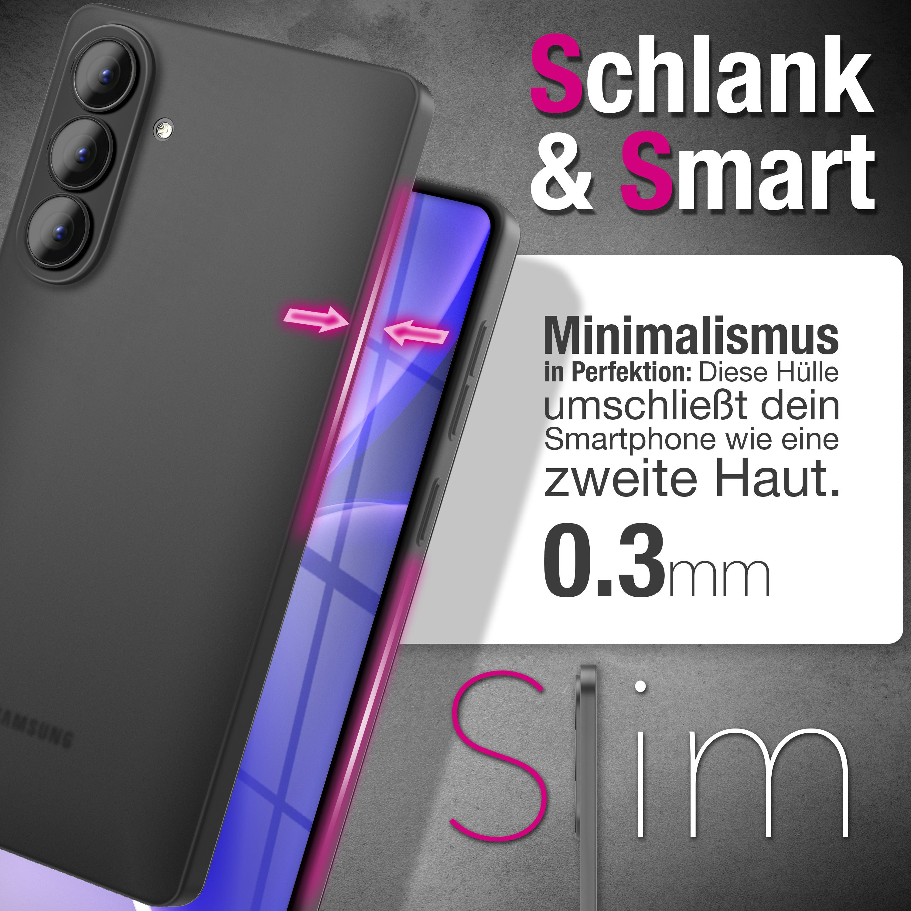 Schlanke Handyhülle, 0.3mm dick, umschließt das Smartphone.