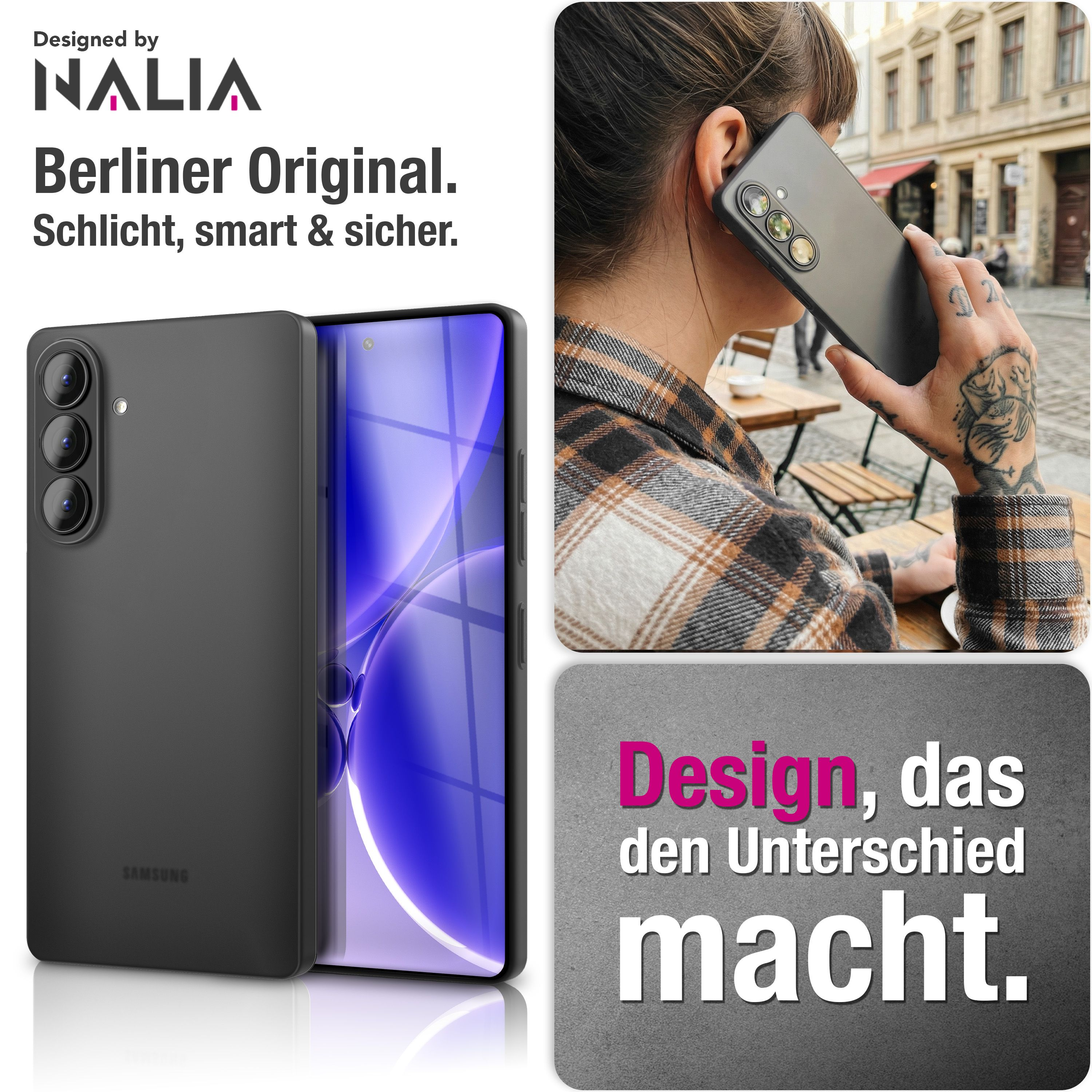 Schwarz Handycase mit drei Kameras, hält ein Mann am Ohr, Stadtkulisse.
