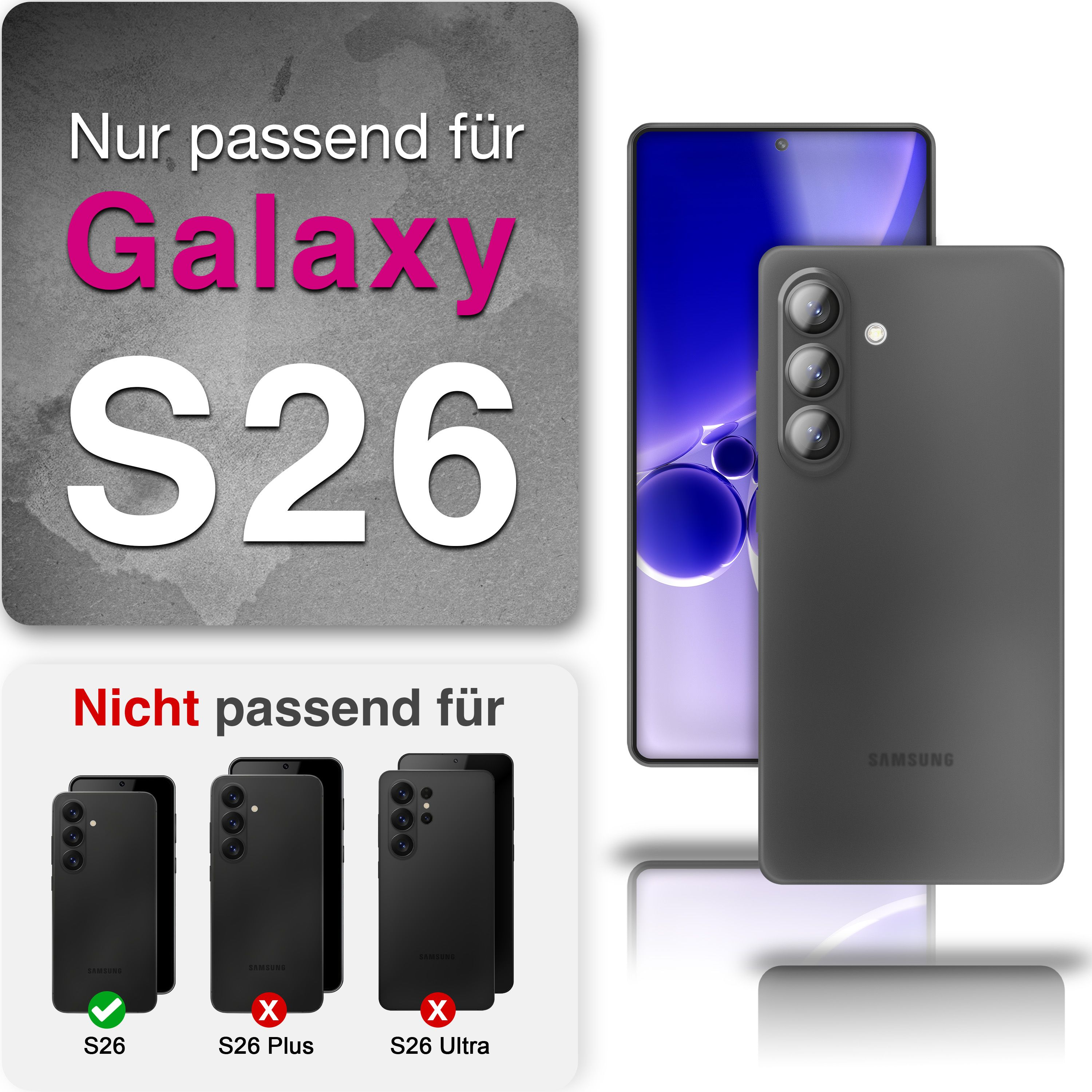 Nur für Galaxy S26. Nicht für S26 Plus/Ultra. Zeigt passende und unpassende Modelle.