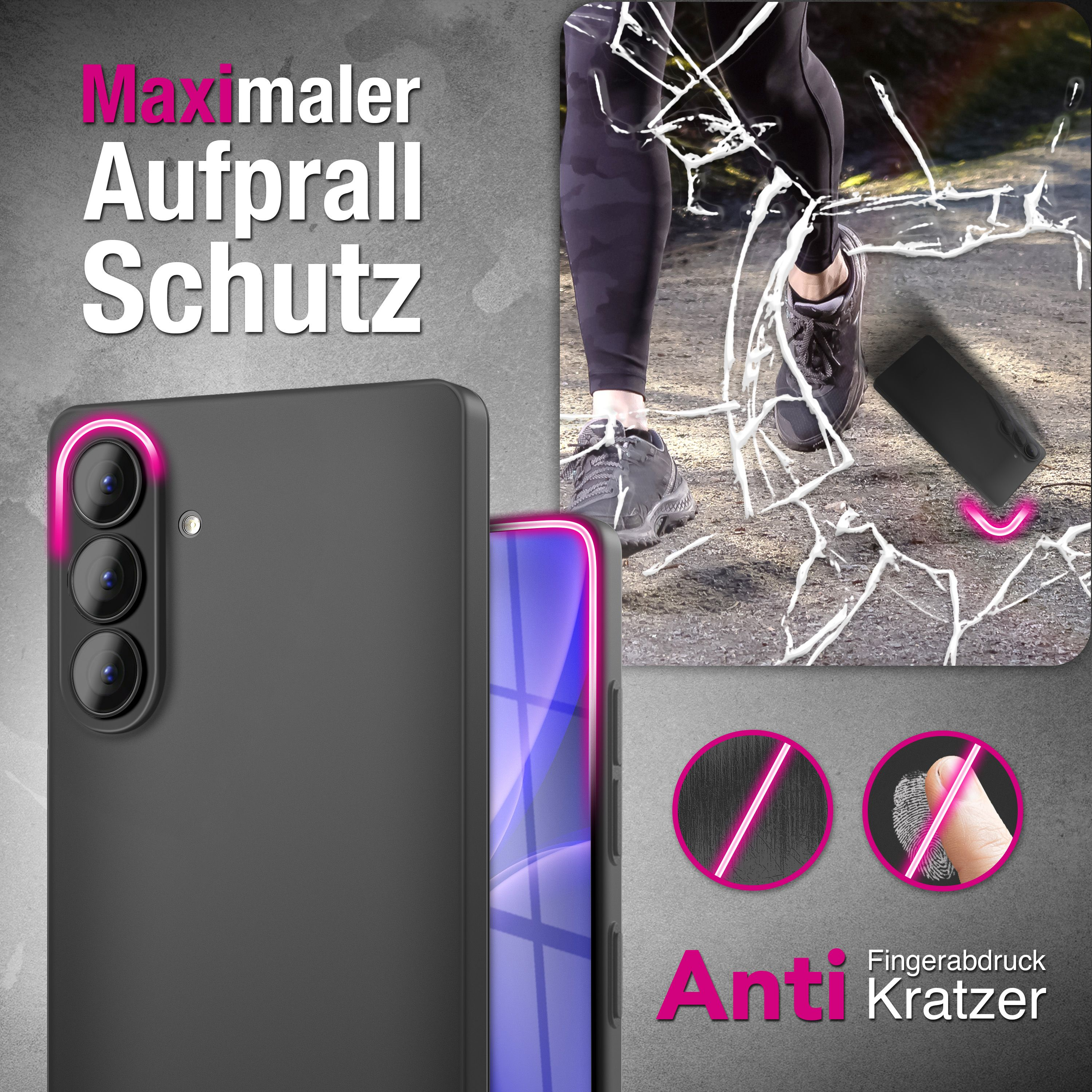 Schwarzes Smartphone mit Kamera, daneben ein Bein in Sportkleidung und Schuhe auf zerbrochenem Boden.
