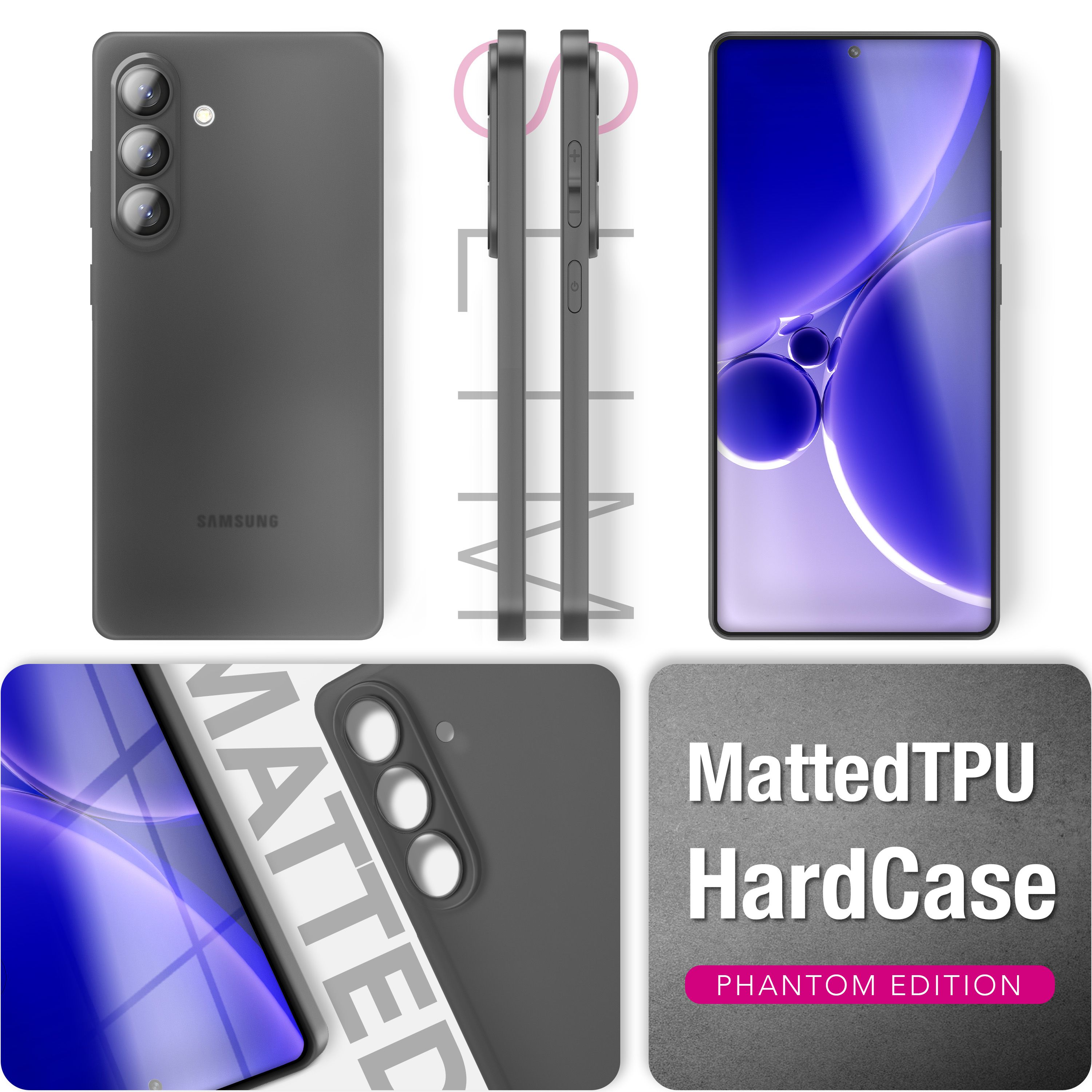 Drei Ansichten eines grauen Smartphones mit drei Kameras und einem Matt-TPU-Hartschalen-Cover.